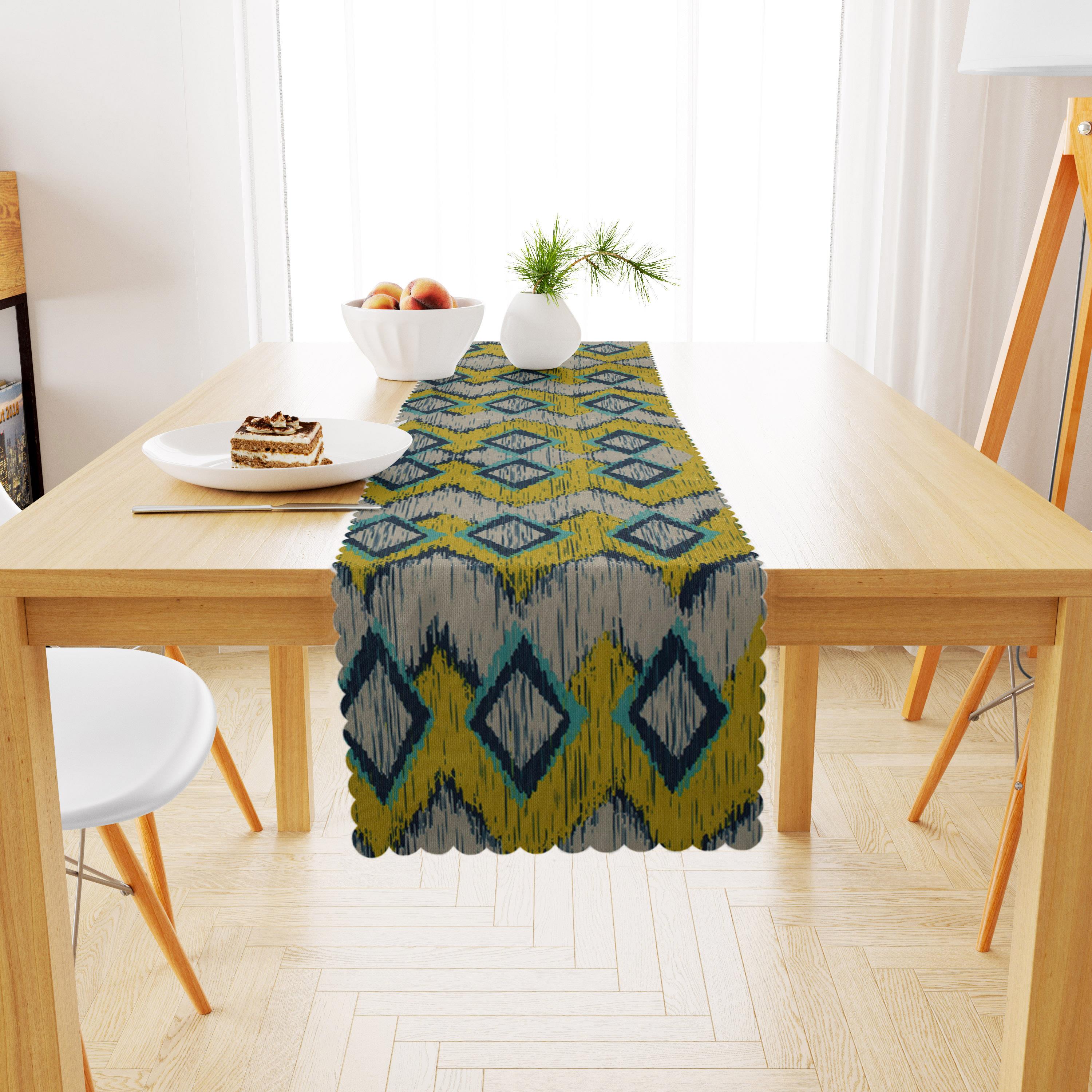 Baklava Desenli Sarı Lacivert Turkuaz Dijital Baskılı Petek Dokuma Runner 40x140 