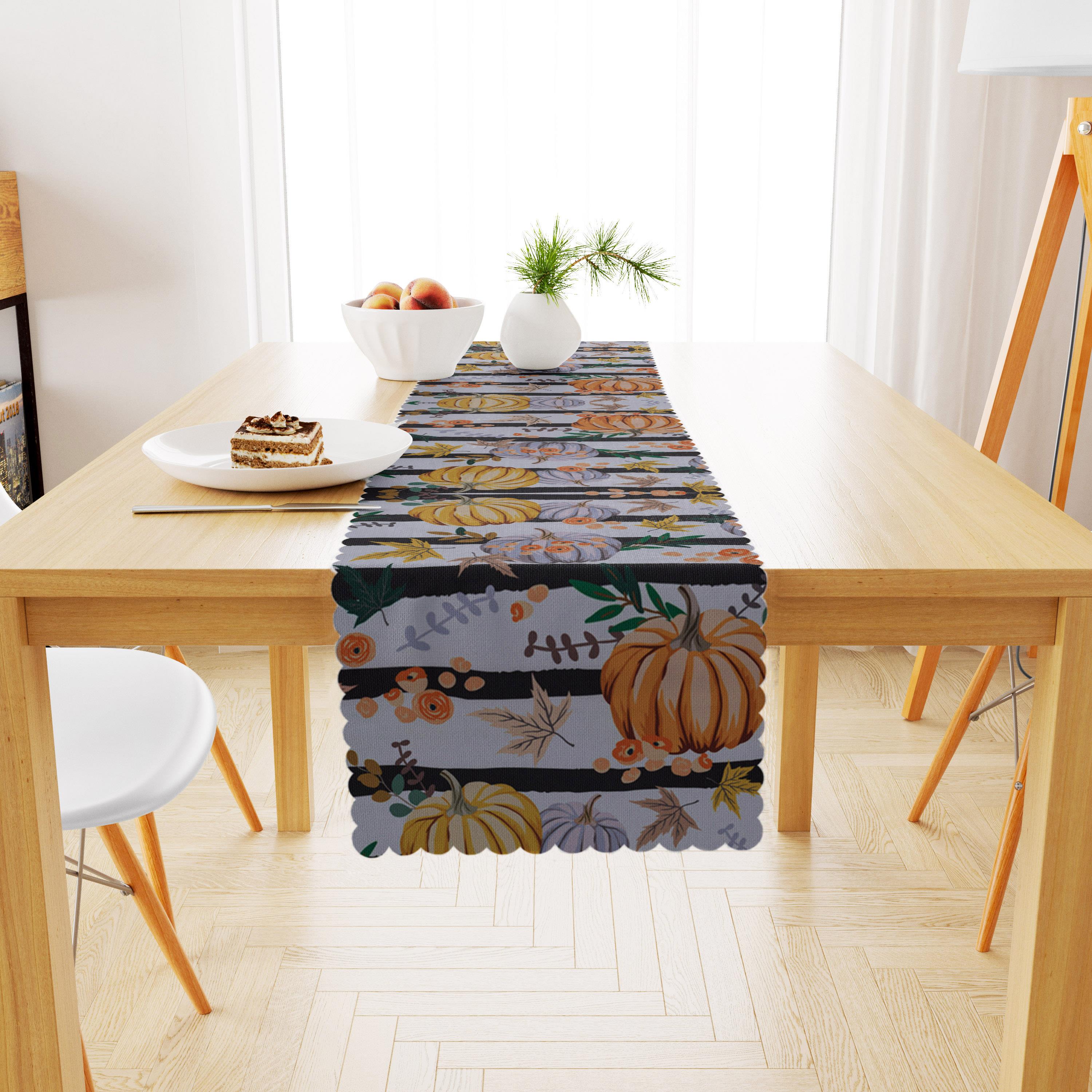 Bal Kabağı Desenli Siyah Çizgili Dijital Baskılı Petek Dokuma Runner 40x140 