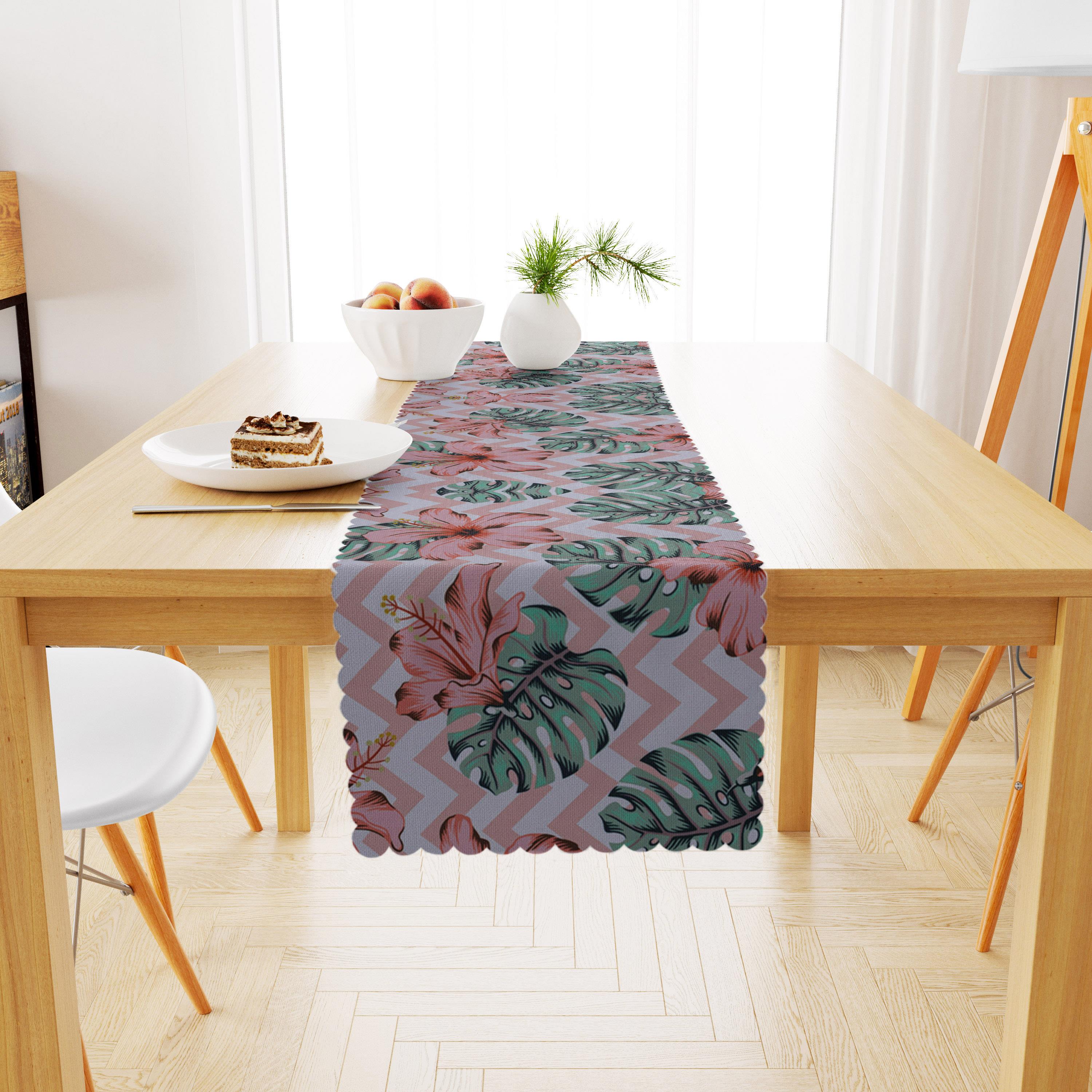 Çiçek Desenli Pembe Beyaz Zigzag Zemin Pembe Yeşil Dijital Baskılı Petek Dokuma Runner 40x140 