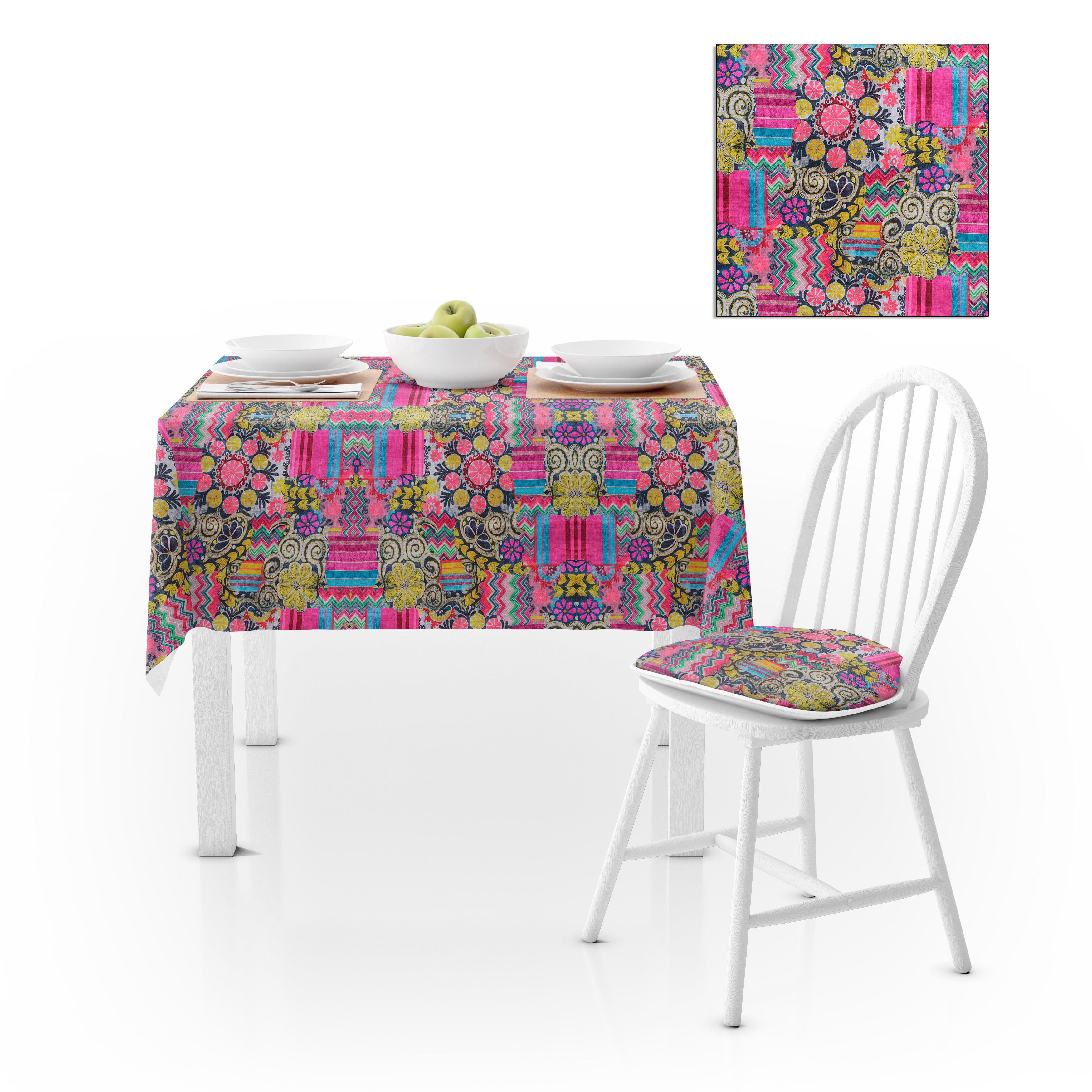 Geometrik Desenli Fuşya Sarı Kadife Dokulu 180X180 Masa Örtüsü