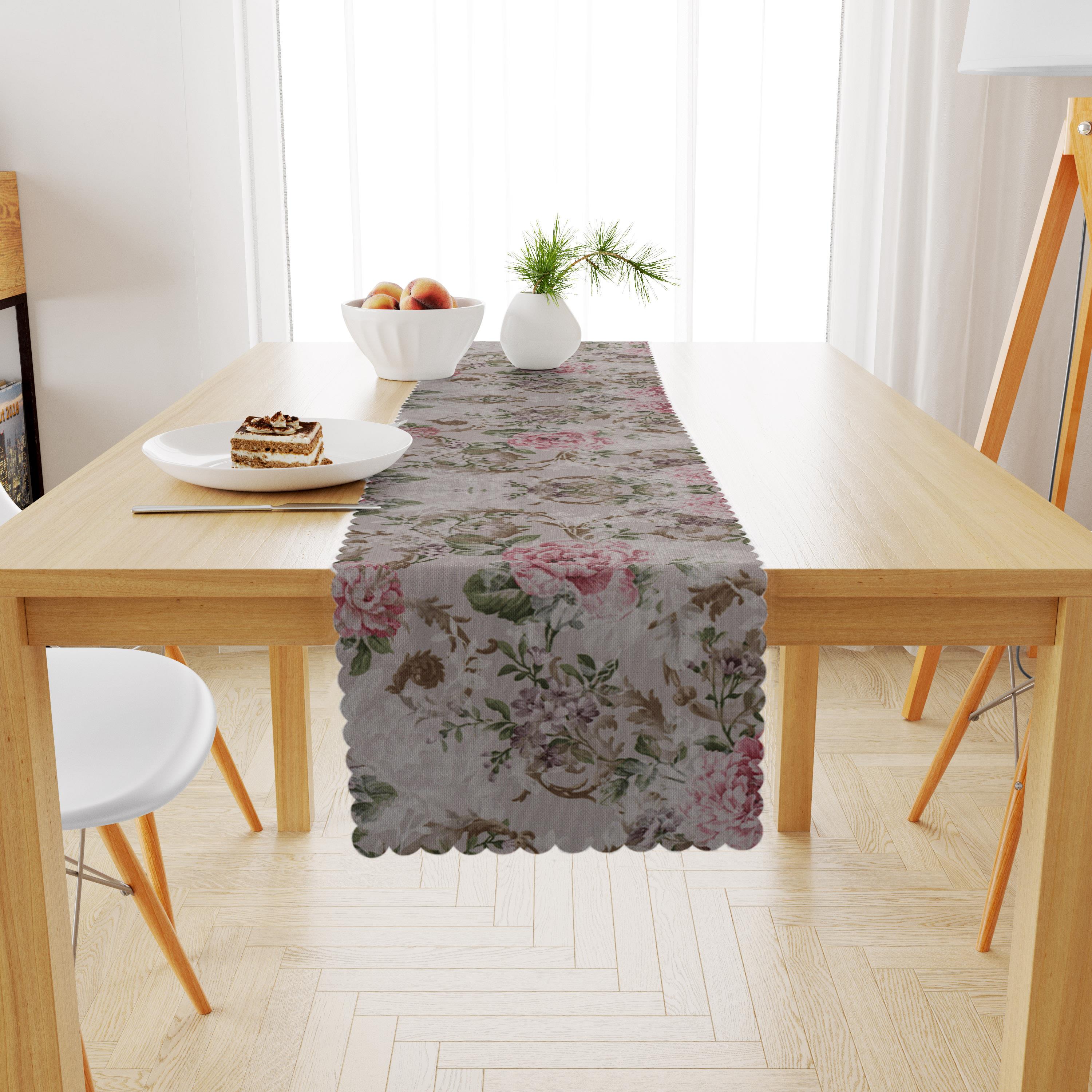 Gül Desenli Yeşil Yapraklı Gül Kurusu Dijital Baskılı Petek Dokuma Runner 40x140 