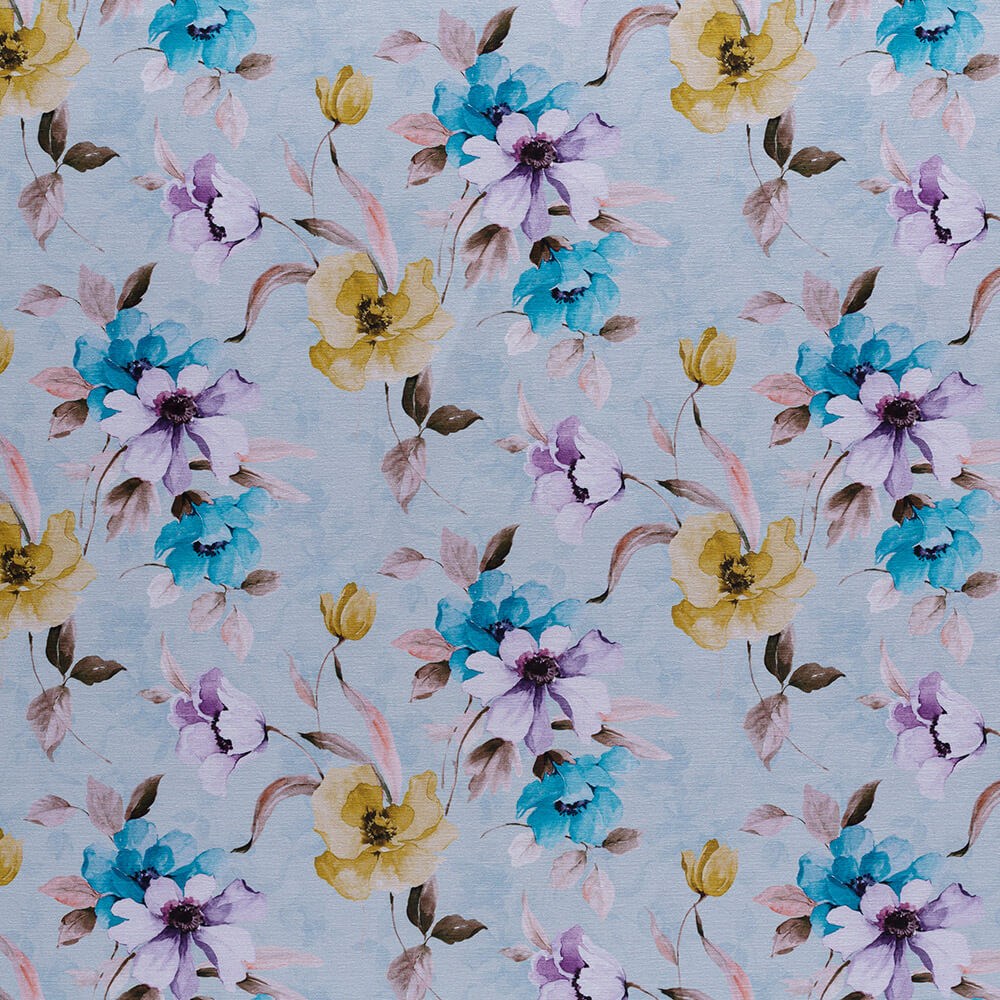 Hardal Mavi Renkli Modern Çiçekli Desen Dokuma Dijital Baskılı Kadife Şönil Koltuk Örtüsü Şalı 175x215cm