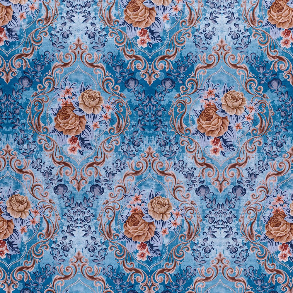 Mavi Zemin Efektli Modern Damask Desen Dokuma KadifeŞönil Koltuk Örtüsü Şalı 175x215cm