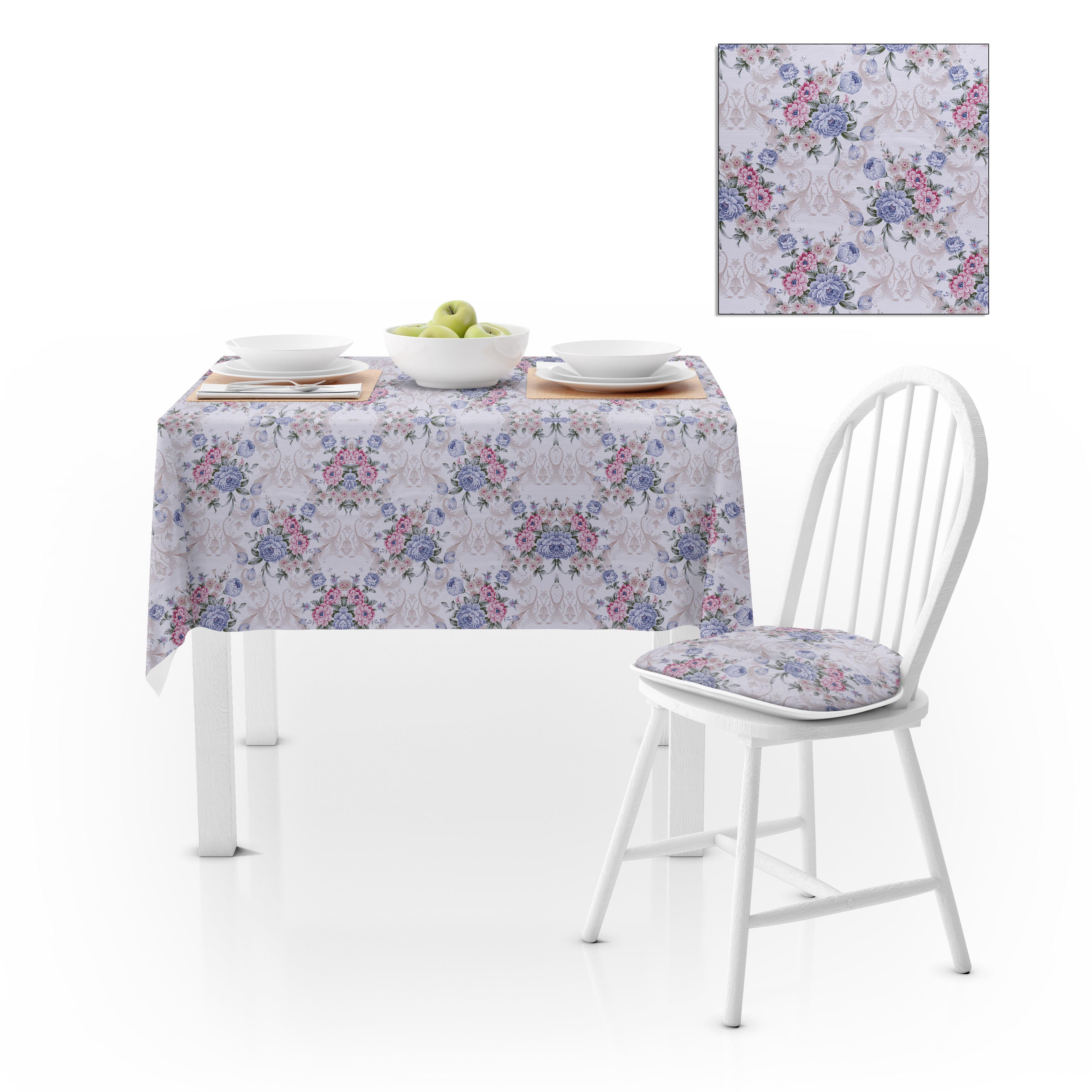Modern Gül Deseni Mavi Kadife Dokulu 140X180 Masa Örtüsü