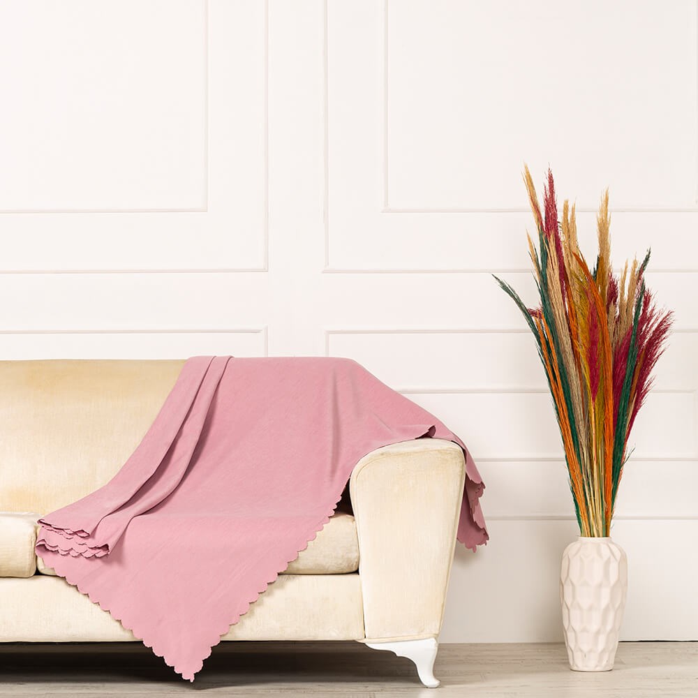 Pembe Dokuma Kadife Şönil Düz Kumaş Çift Taraflı Koltuk Şalı Örtüsü Maxi Set (3+3+1+1)