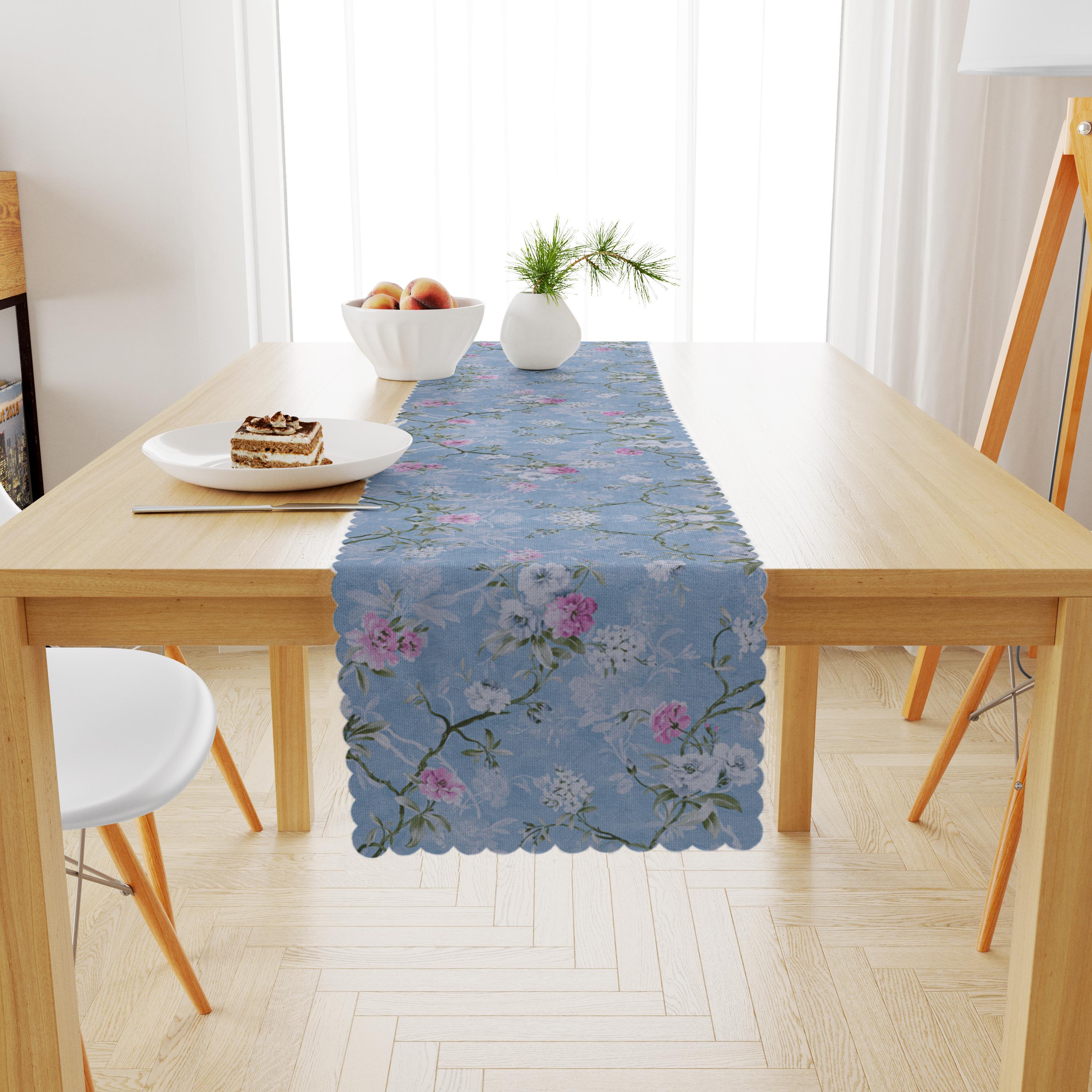 Sarmaşık Çiçek Desenli Renkli Mavi Pembe Kadife Dokulu Runner 40x180 