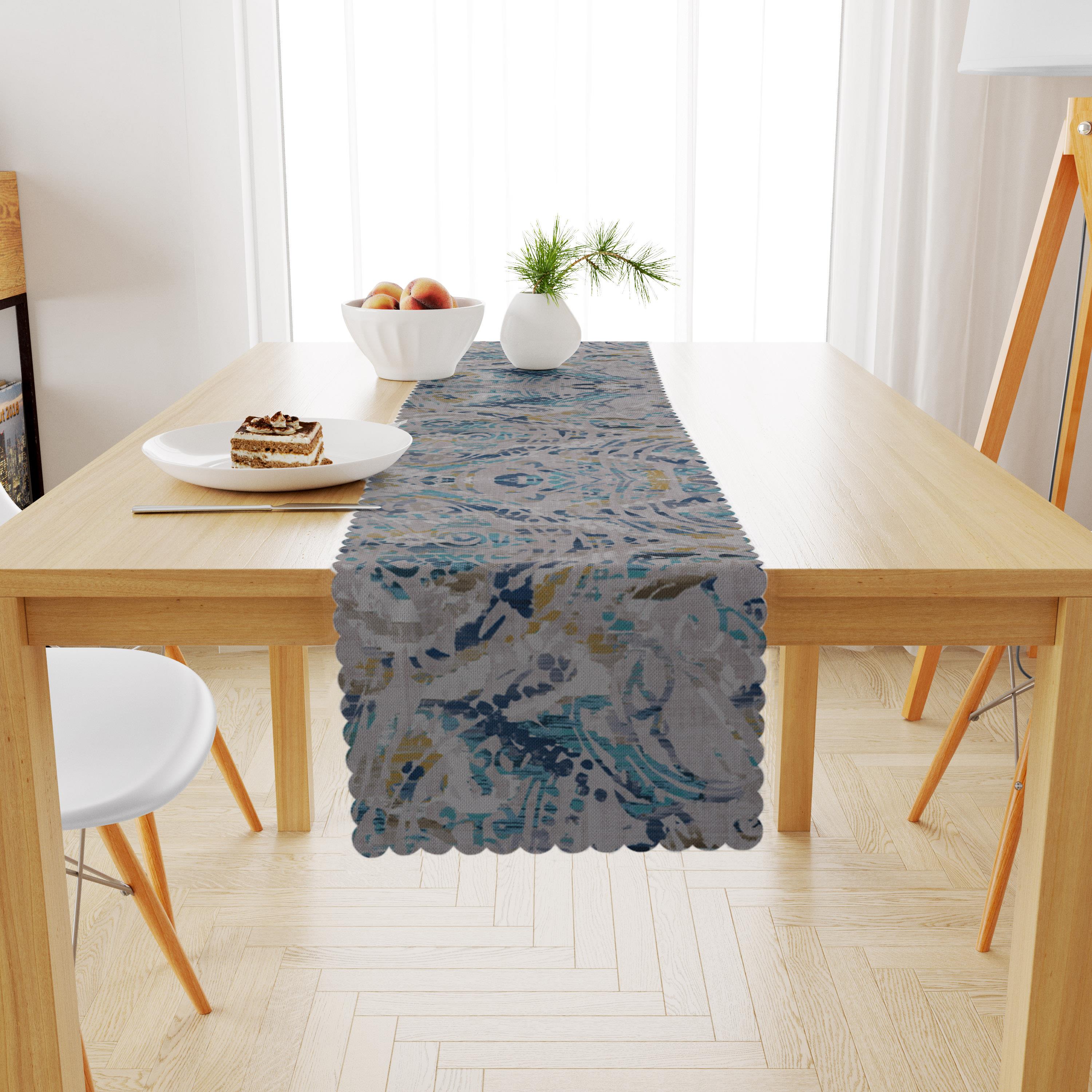 Sulu Boya Desenli Turkuaz Lacivert Dijital Baskılı Petek Dokuma Runner 40x140 