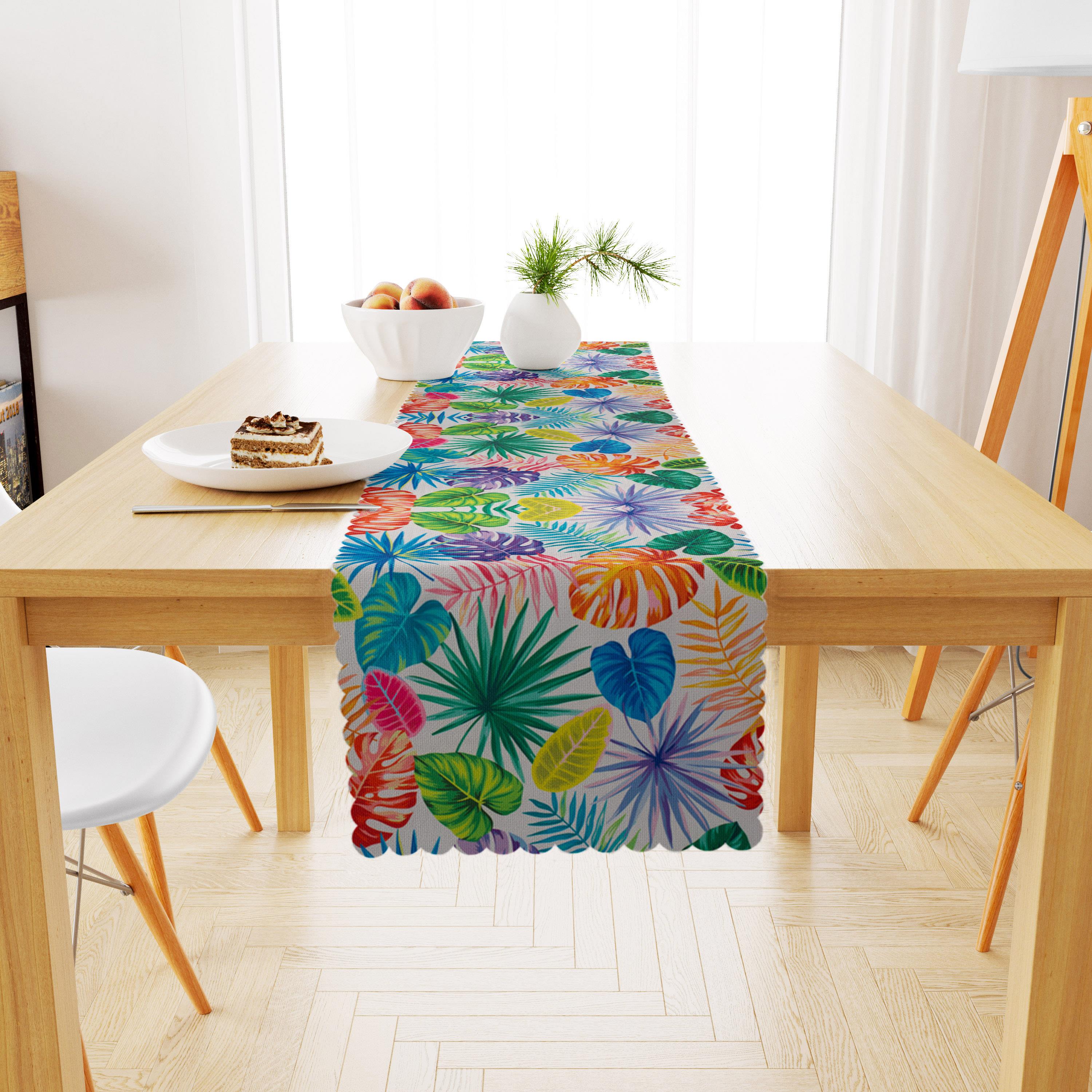 Tropikal Yaprak Desenli Siyah Beyaz Dijital Baskılı Petek Dokuma Runner 40x140