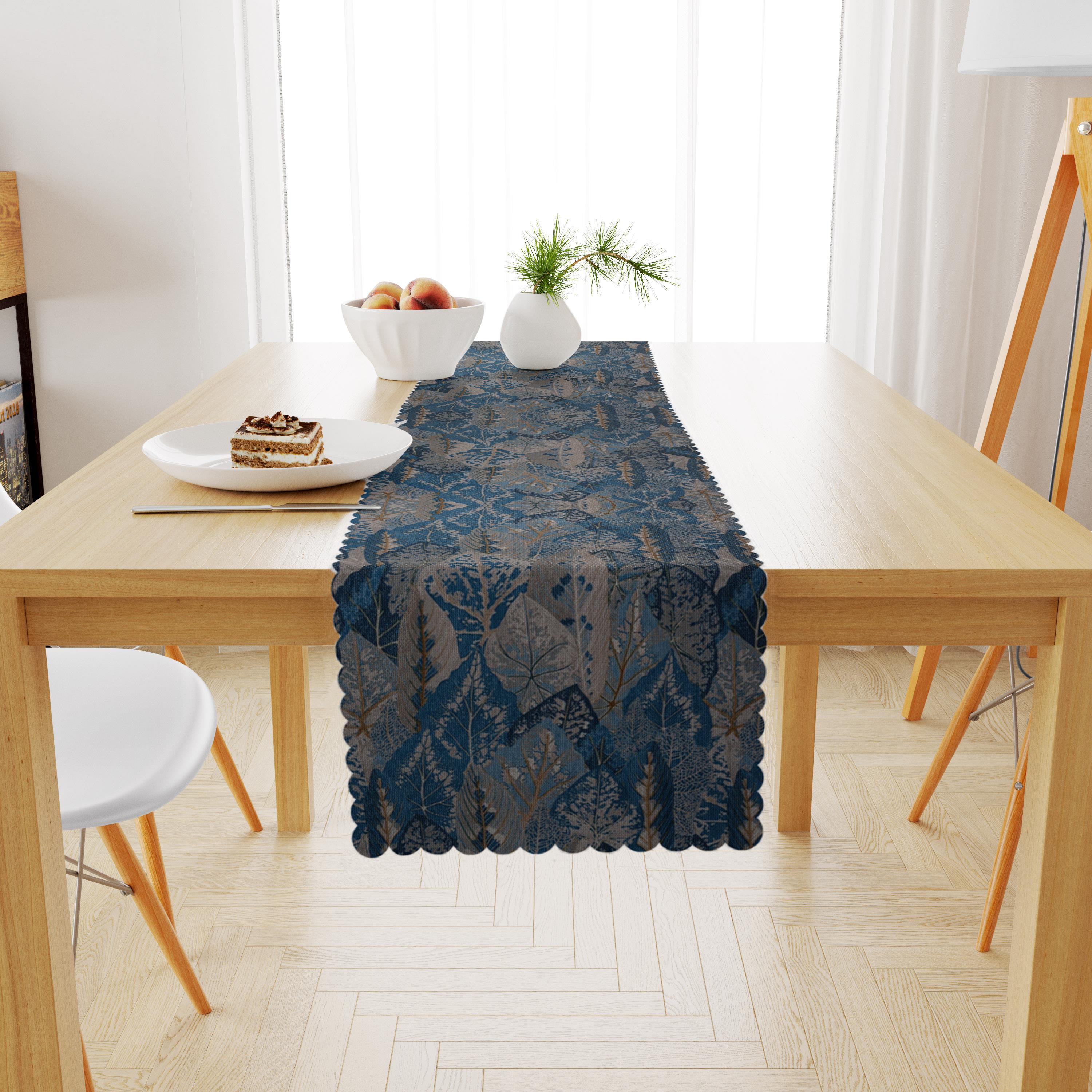 Yaprak Desenli Mavi Lacivert Dijital Baskılı Petek Dokuma Runner 40x140 