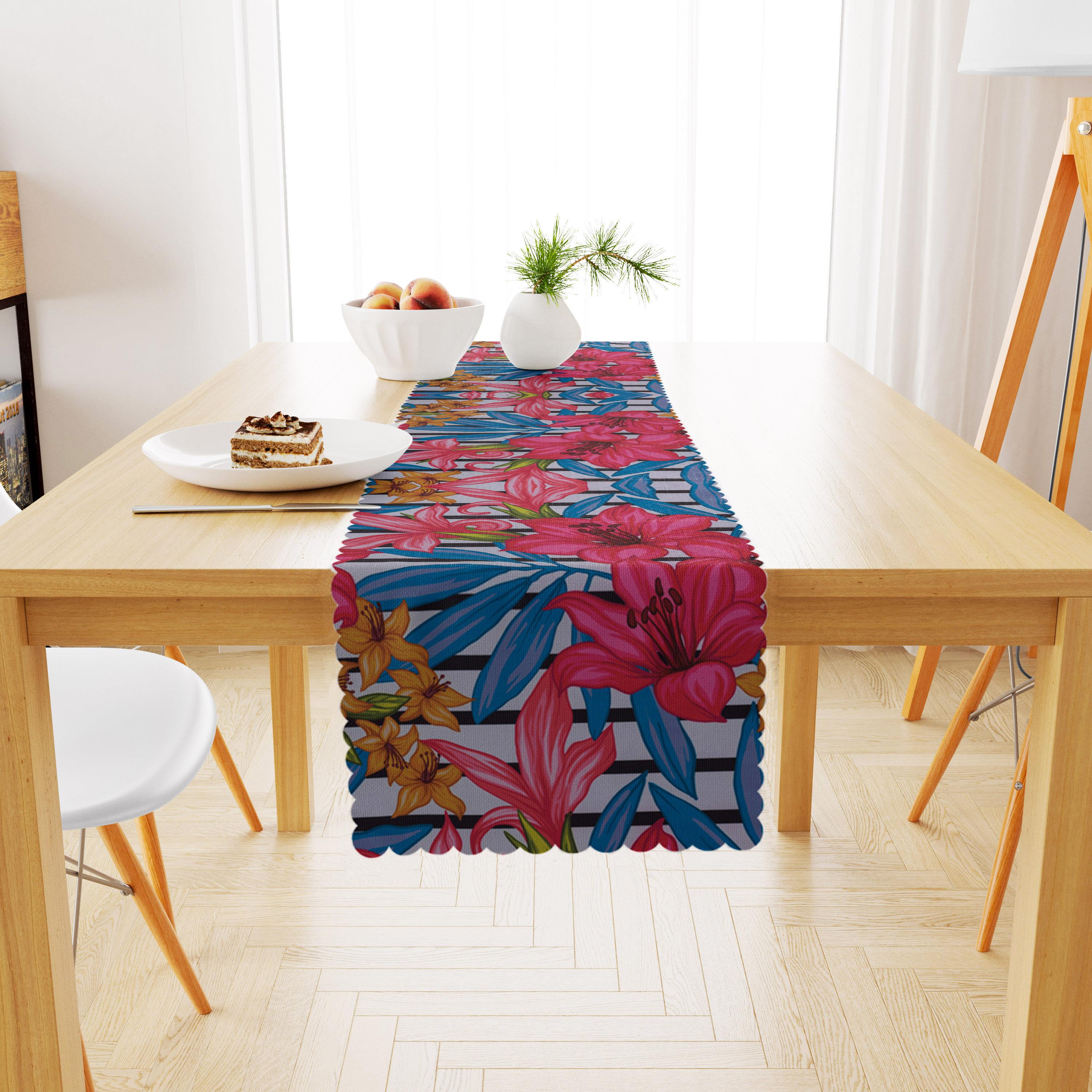 Zambak Desenli Mavi Kırmızı Dijital Baskılı Petek Dokuma Runner 40x140 
