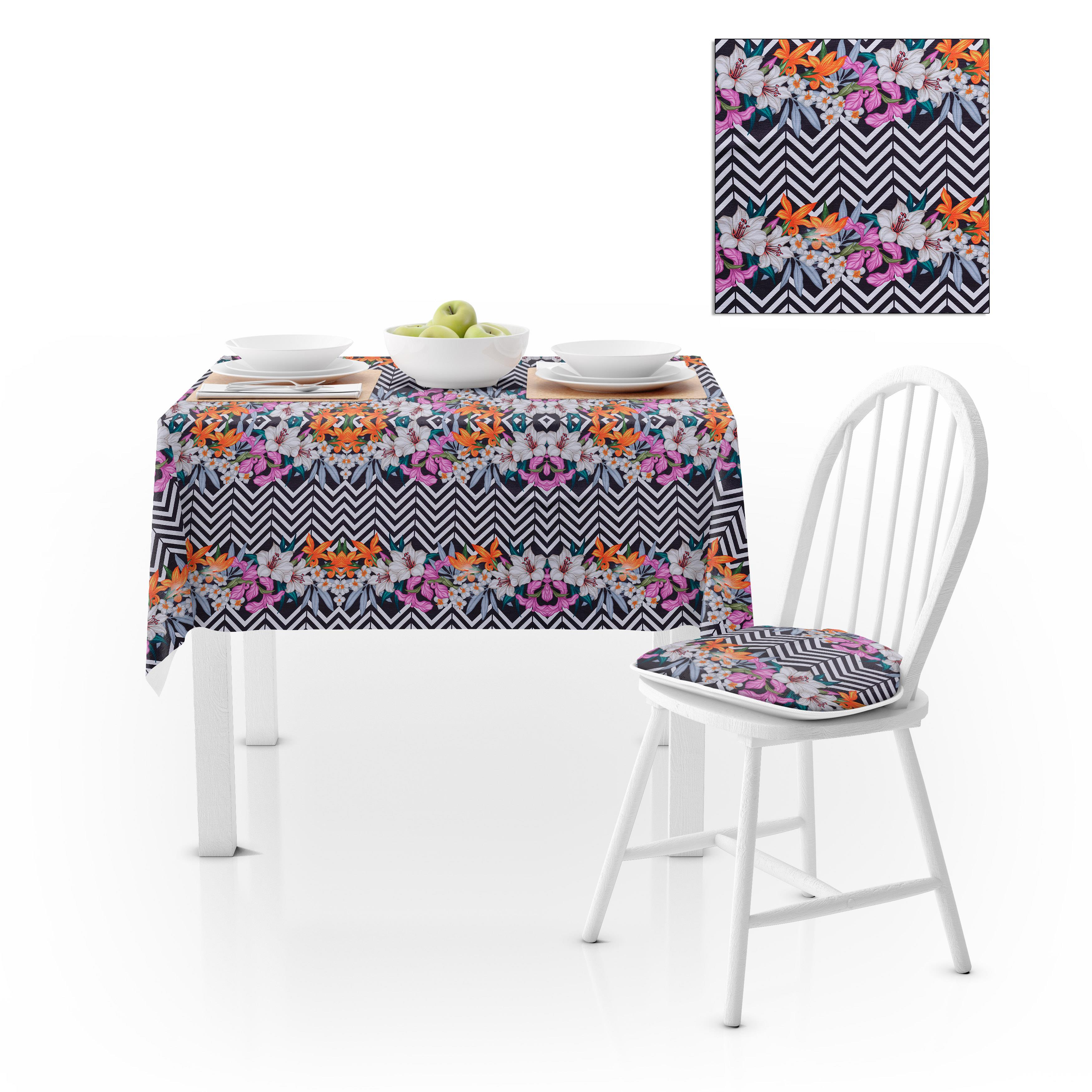 Zambak Desenli Zigzag Siyah Beyaz Kadife Dokulu 180X220 Masa Örtüsü