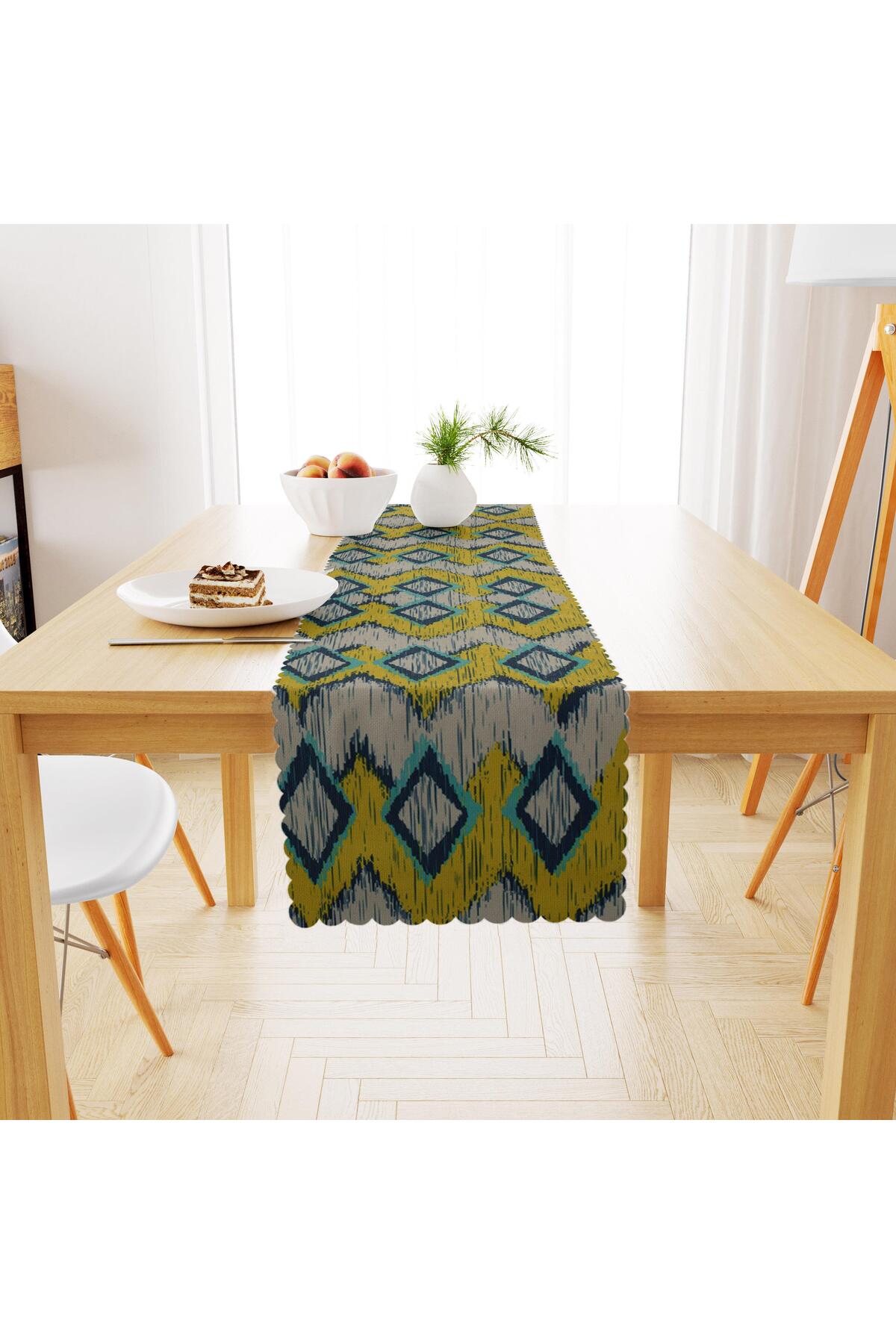 Baklava Desenli Sarı Lacivert Turkuaz Dijital Baskılı Petek Dokuma Runner 40x140