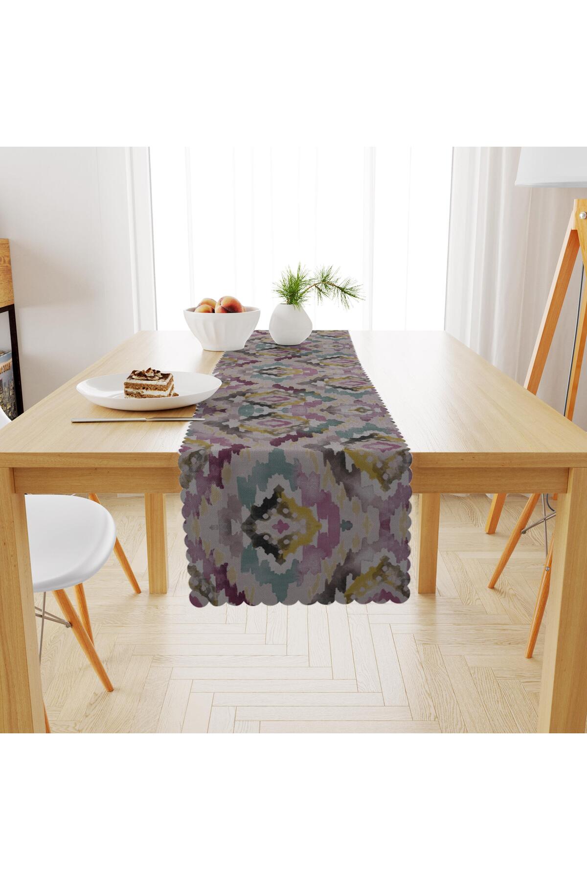 Baklava Dilimi Desenli Gül Kurusu Mürdüm Dijital Baskılı Petek Dokuma Runner 40x140
