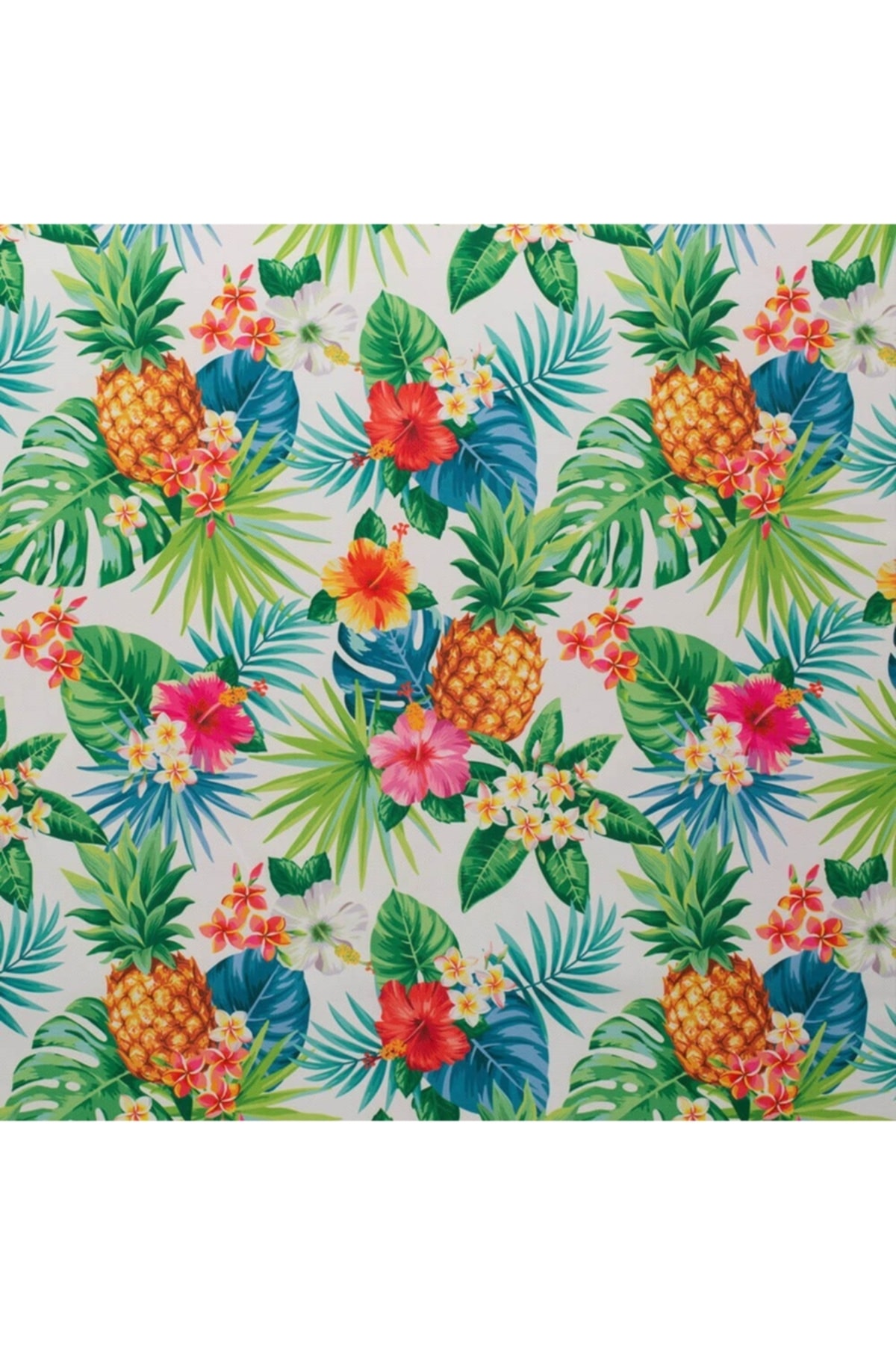 Beyaz Zemin Üzerine Palmiye Yapraklı Tropikal Çiçekli Ananas Dokuma Dijital Baskılı Petek Kumaş