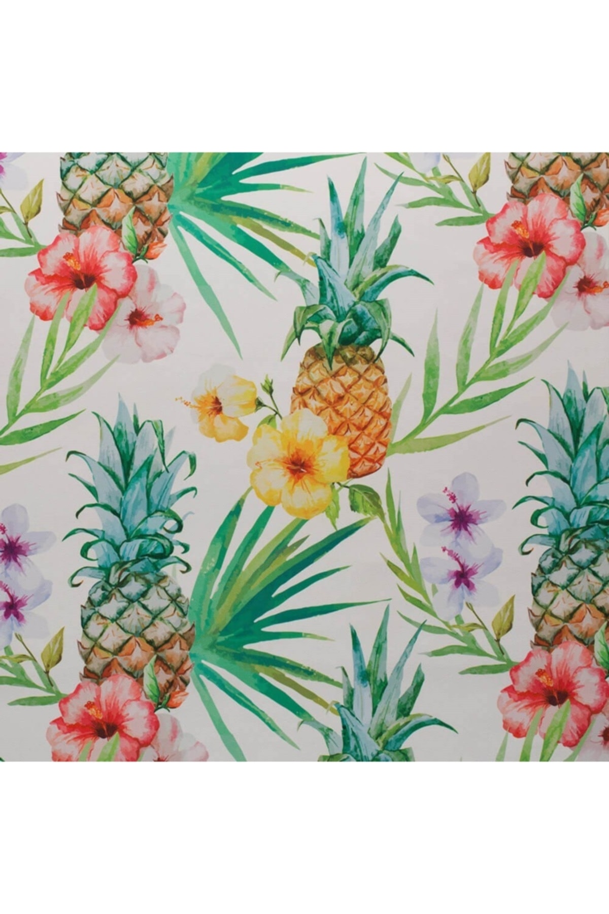Beyaz Zemin Üzerine Tropikal Sarı Pembe Çiçekli Ananas Desenli Dokuma Dijital Baskılı Petek Kumaş