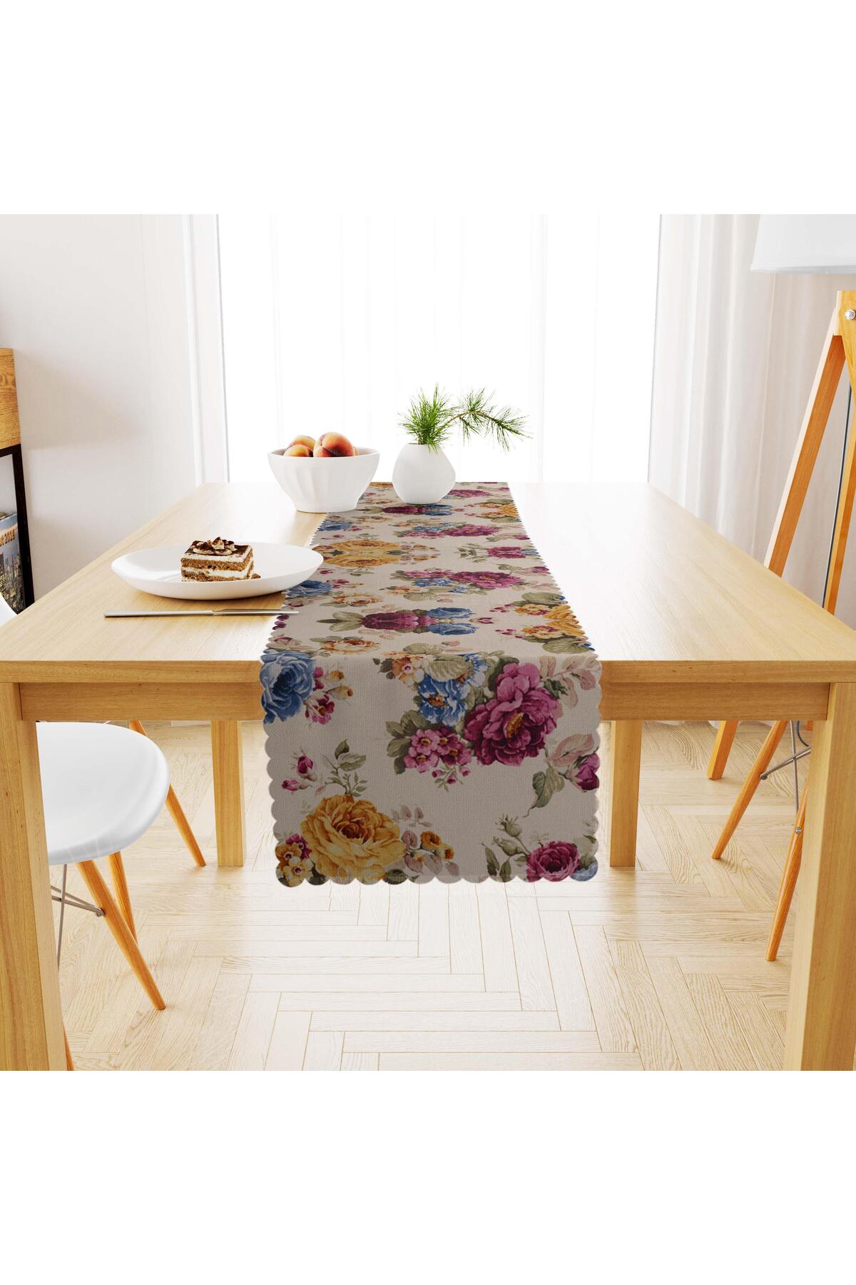 Büyük Gül Desenli Sarı Mürdüm Dijital Baskılı Süet Dokuma Runner 40x140