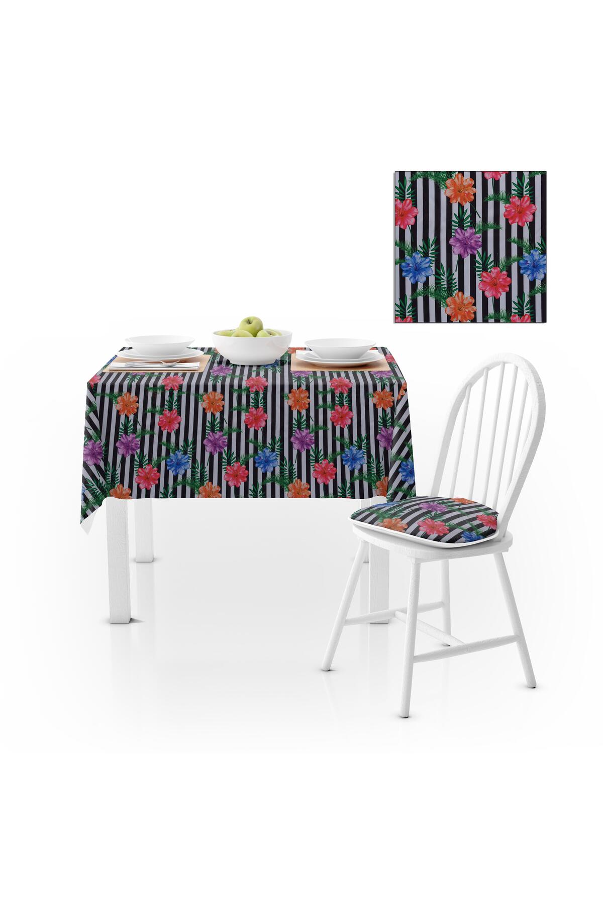 Çiçek Desenli Çizgili Mavi Kırmızı Mor Çiçekli Dijital Baskılı Petek Dokuma Masa Örtüsü 140x260