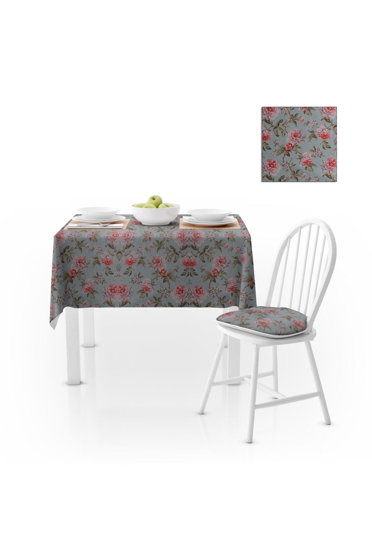Çiçek Desenli Eskitme Kırmızı Yeşil Dijital Baskılı Petek Dokuma Masa Örtüsü 140x260