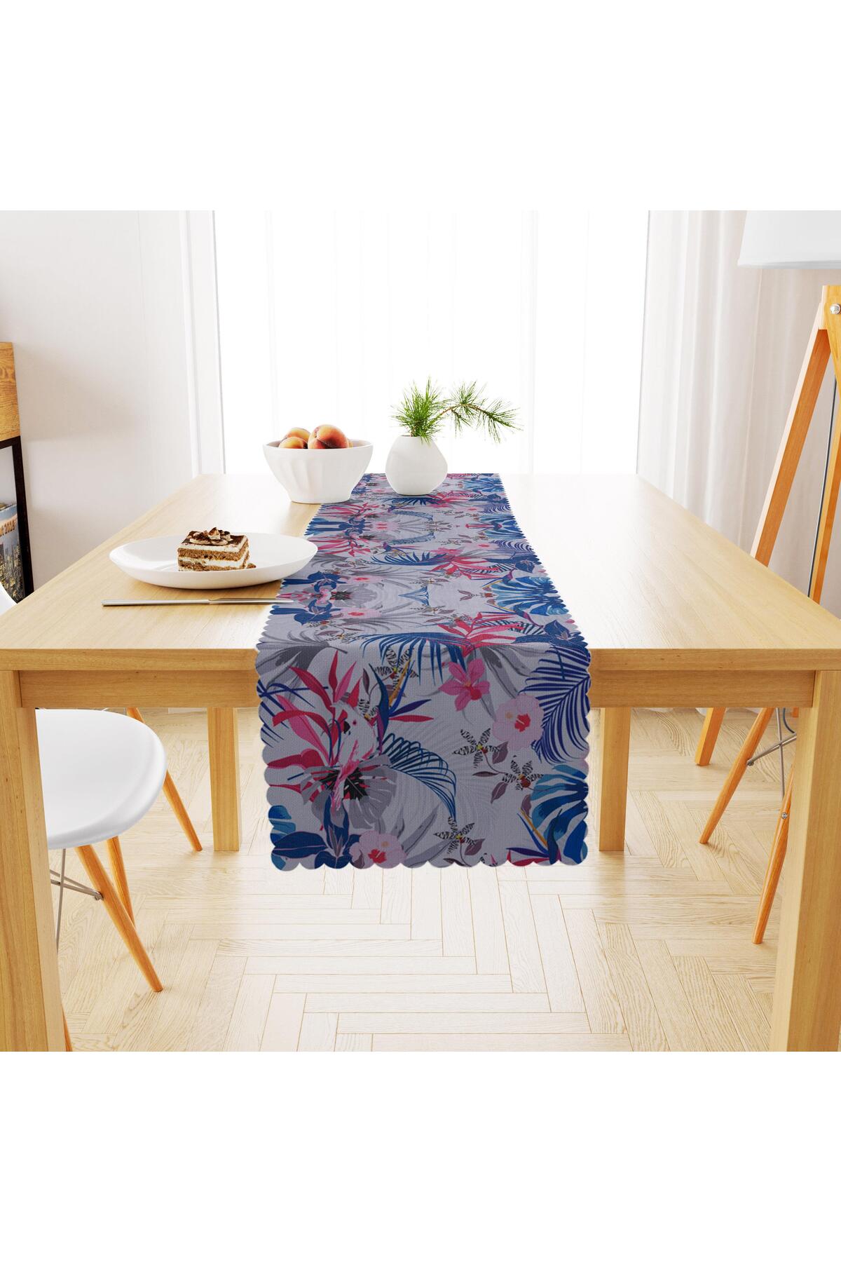 Çiçek Desenli Kırmızı Mavi Çiçekli Dijital Baskılı Petek Dokuma Runner 40x140
