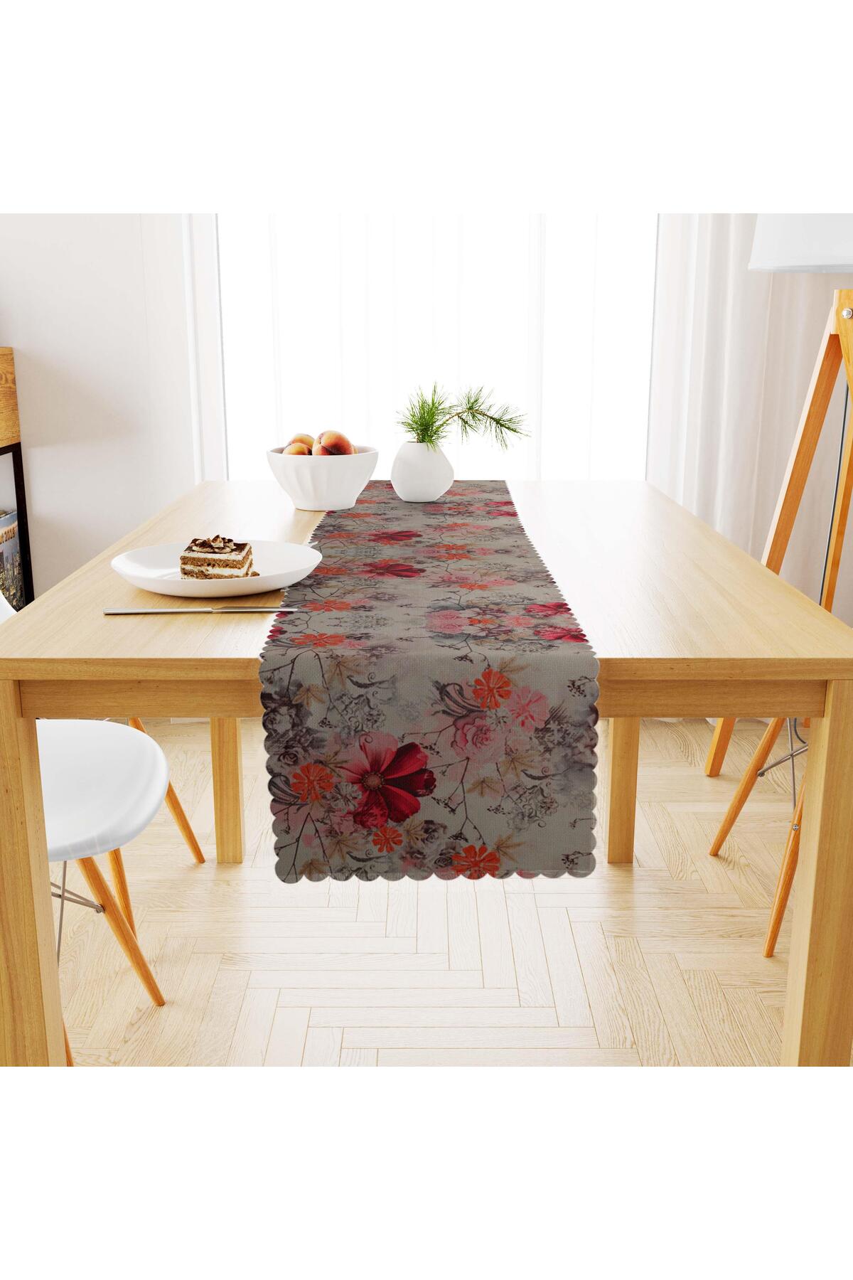 Çiçek Desenli Krem Zemin Kırmızı ve Tonları Dijital Baskılı Süet Dokuma Runner 40x140