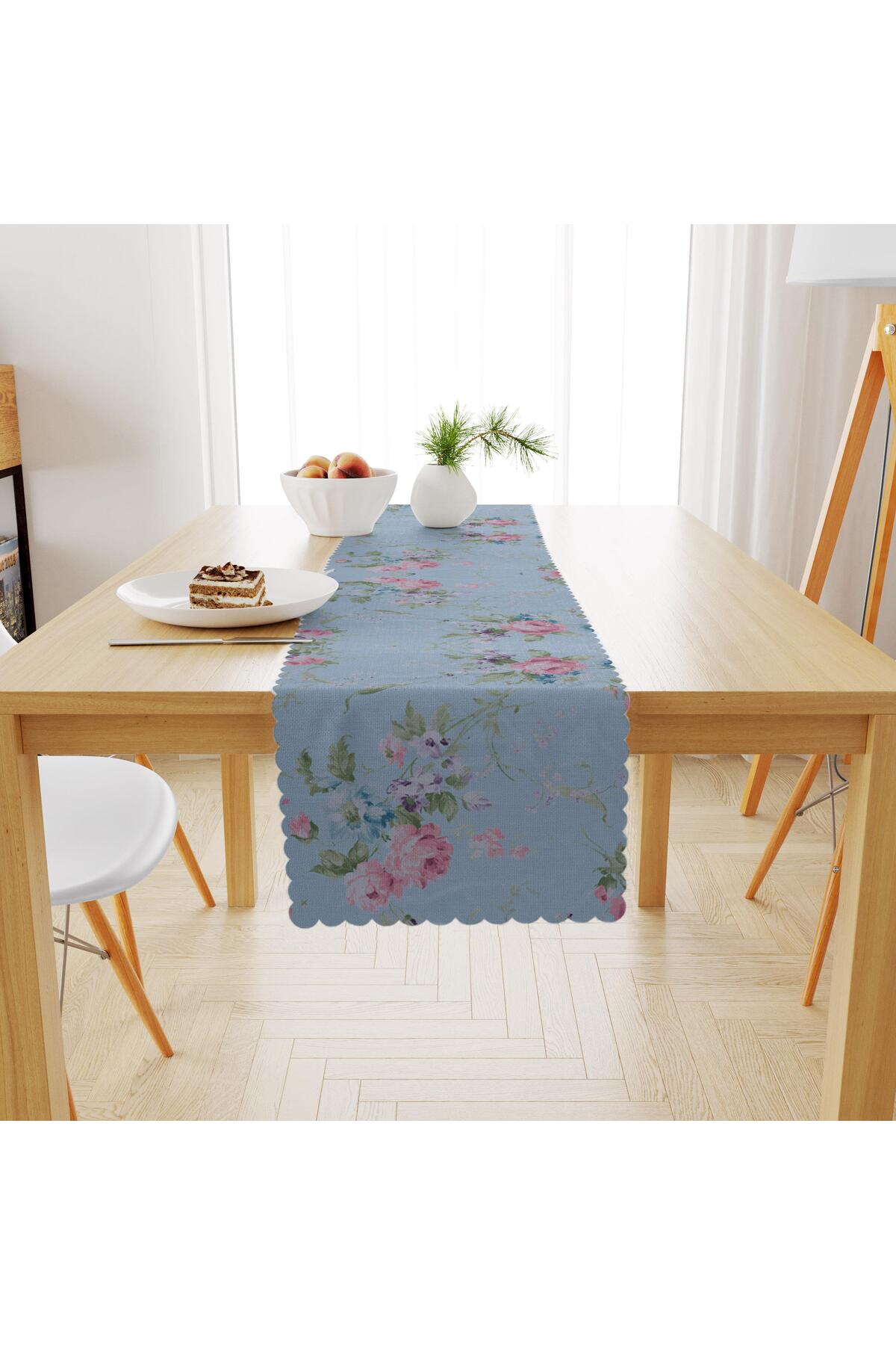 Çiçek Desenli Mint Gül Kurusu Kadife Dokulu Runner 40x180