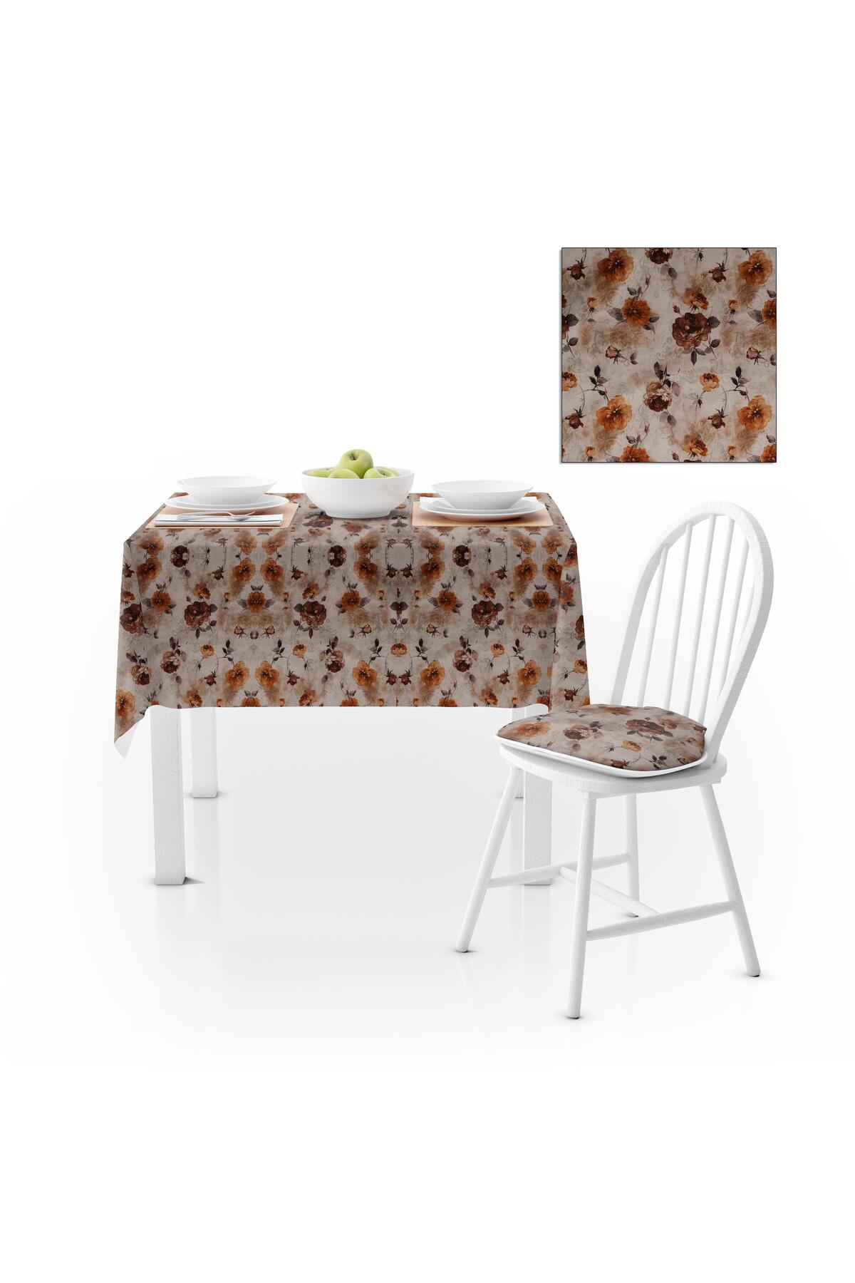 Çiçek Desenli Modern Kestane Renkli Dijital Baskılı Süet Dokuma Masa Örtüsü 140x260