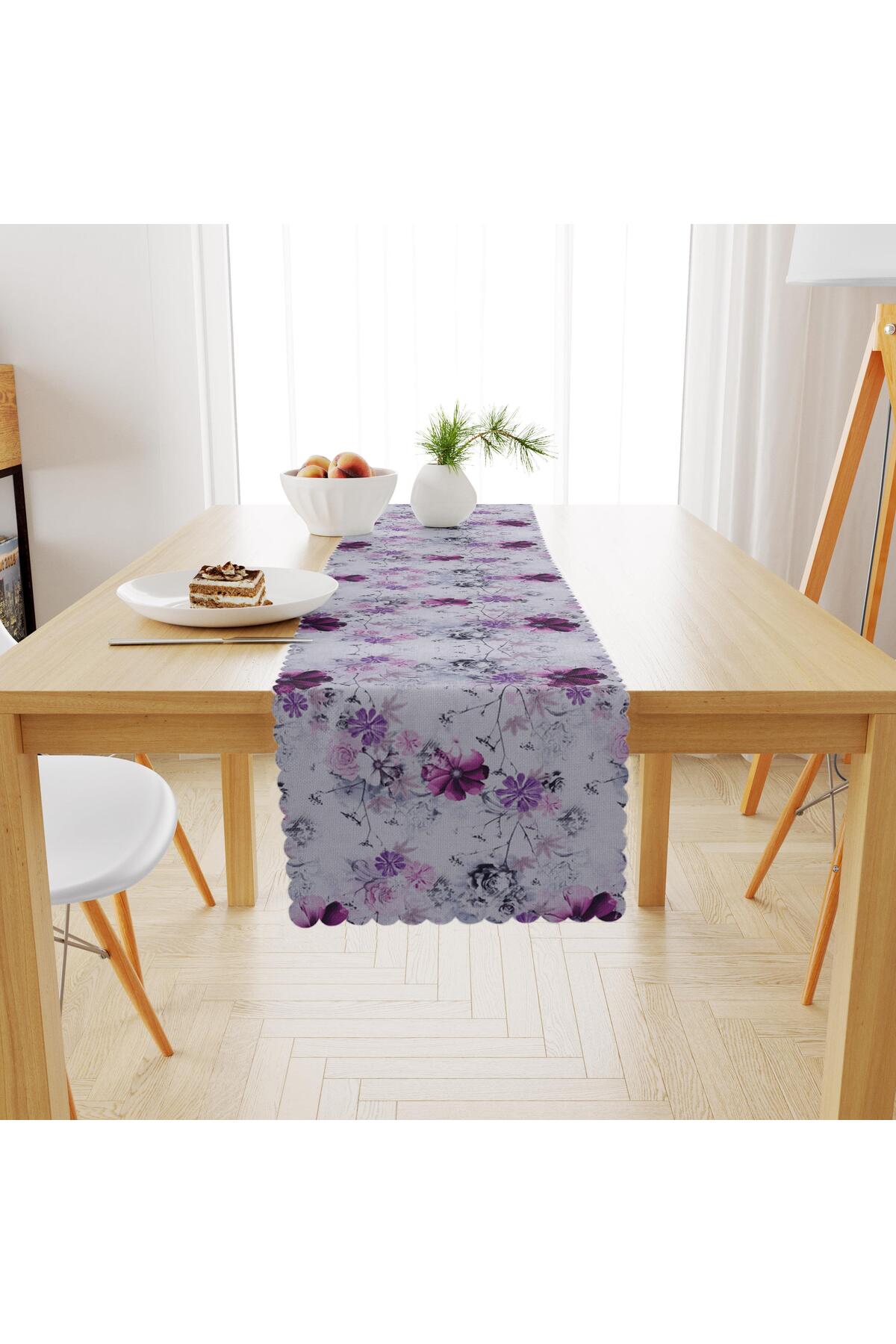 Çiçek Desenli Mürdüm Kadife Dokulu Runner 40x180