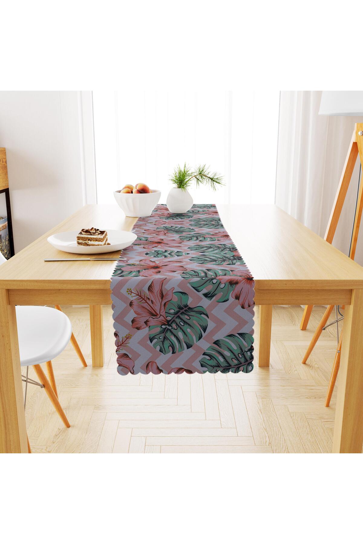 Çiçek Desenli Pembe Beyaz Zigzag Zemin Pembe Yeşil Dijital Baskılı Petek Dokuma Runner 40x140