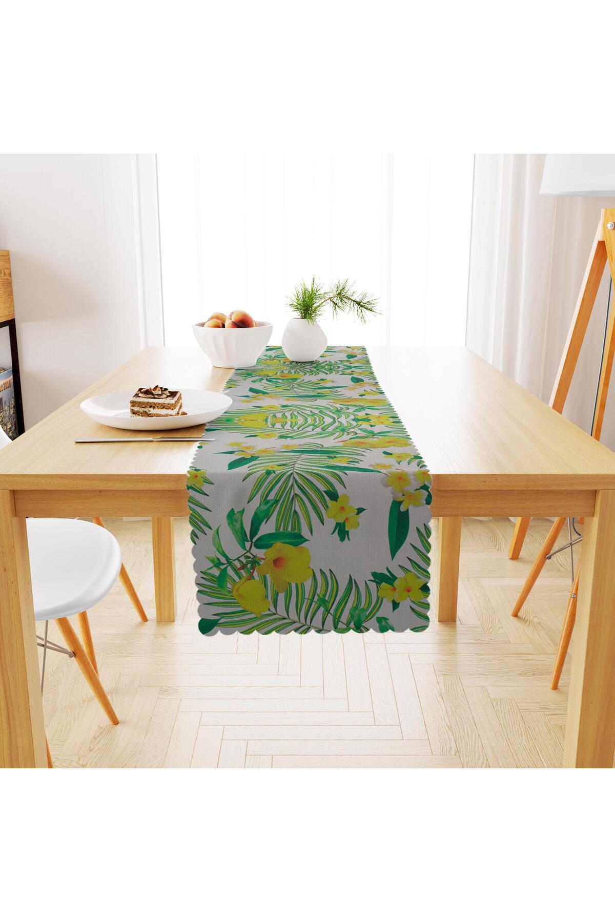 Çiçek Desenli Sarı Yeşil Dijital Baskılı Petek Dokuma Runner 40x140