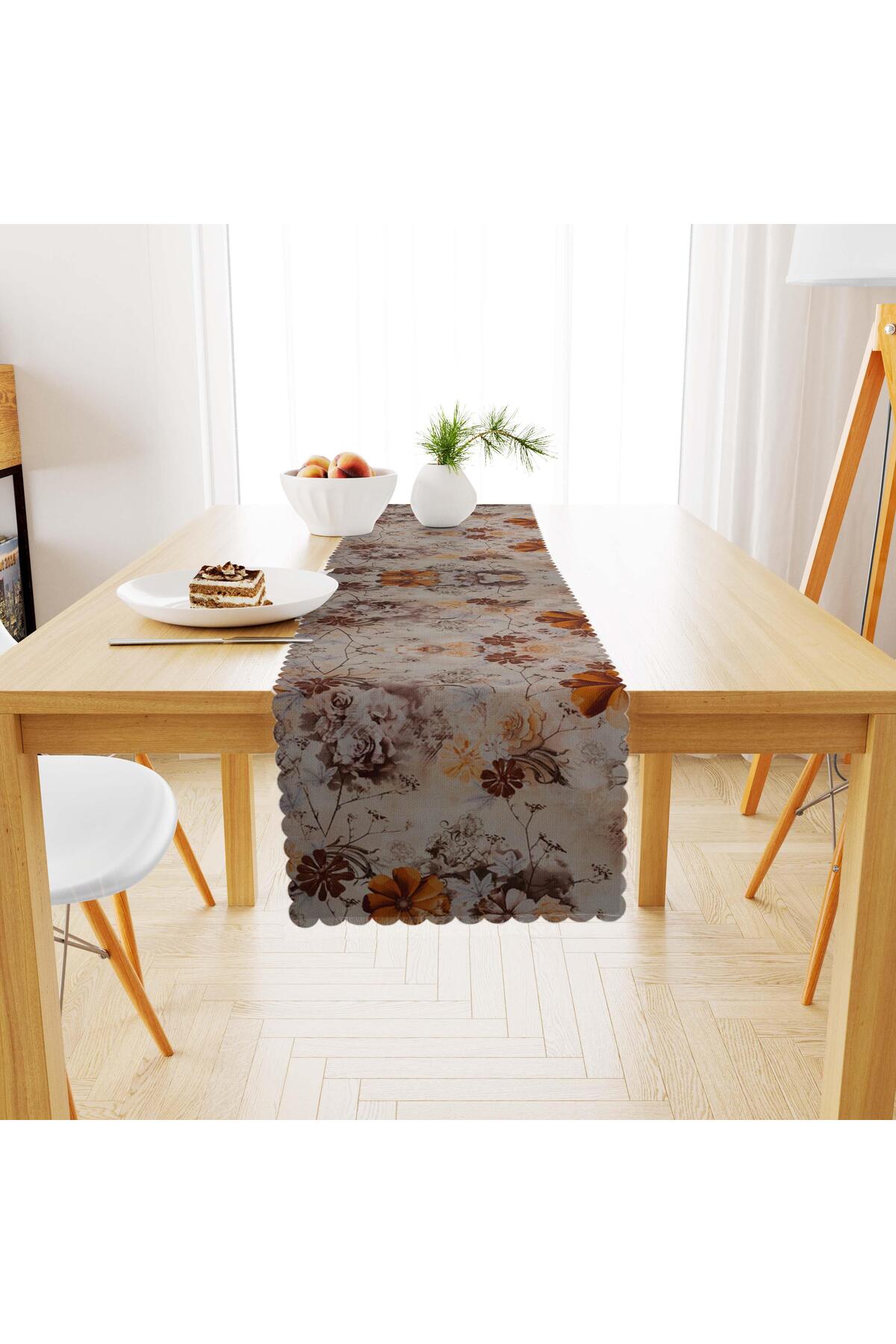 Çiçek Desenli Turuncu Kahverengi Dijital Baskılı Süet Dokuma Runner 40x140