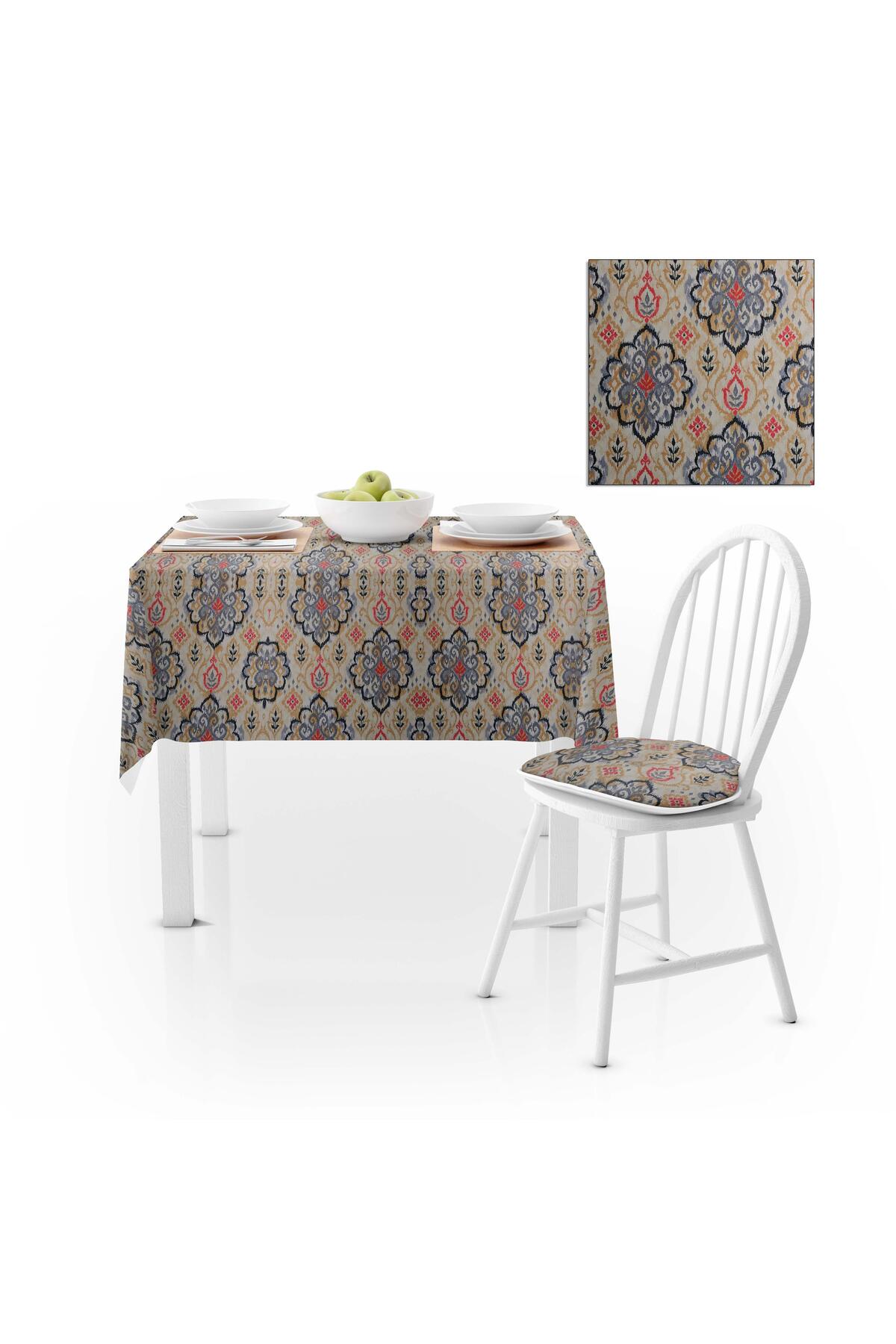 Damask Desenli Antrasit Sütlü Kahve Dijital Baskılı Süet Dokuma Masa Örtüsü 140x180