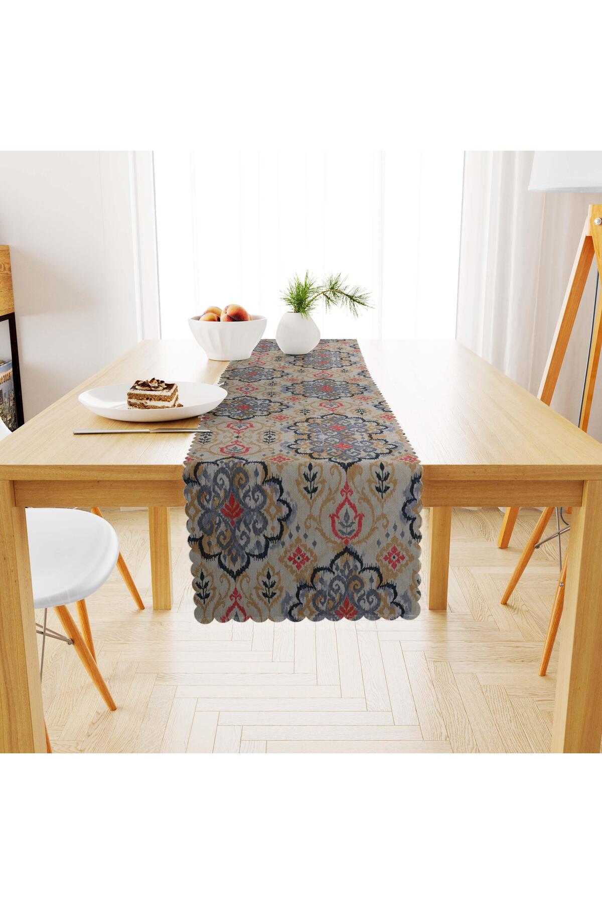 Damask Desenli Antrasit Sütlü Kahve Dijital Baskılı Süet Dokuma Runner 40x140