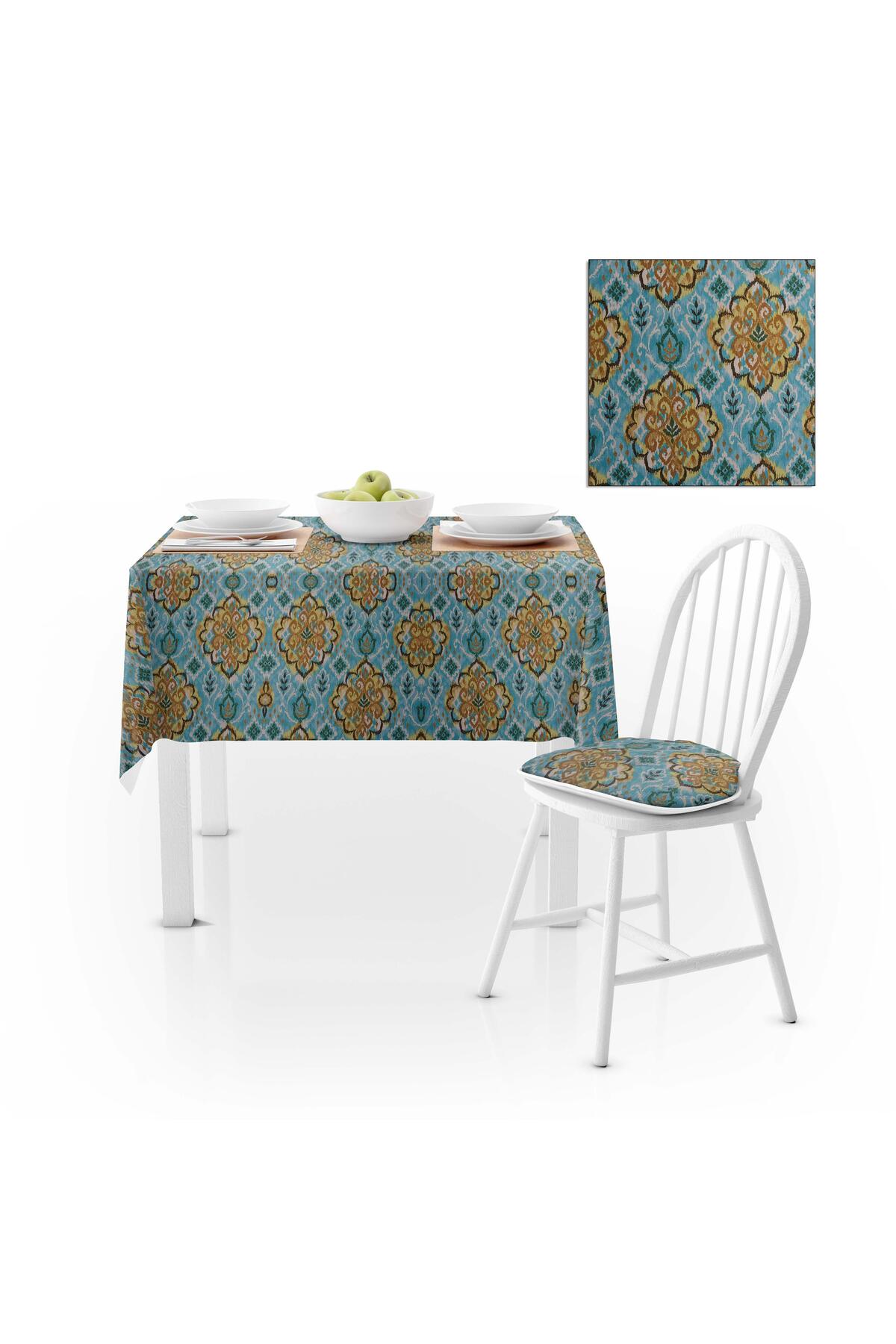 Damask Desenli Hardal Mavi Dijital Baskılı Süet Dokuma Masa Örtüsü 140x220