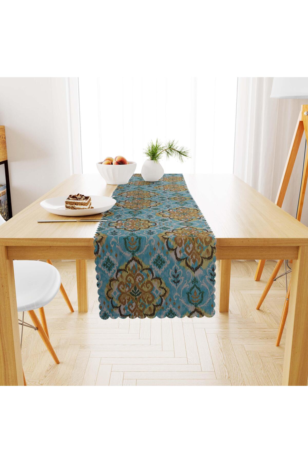 Damask Desenli Hardal Mavi Dijital Baskılı Süet Dokuma Runner 40x140