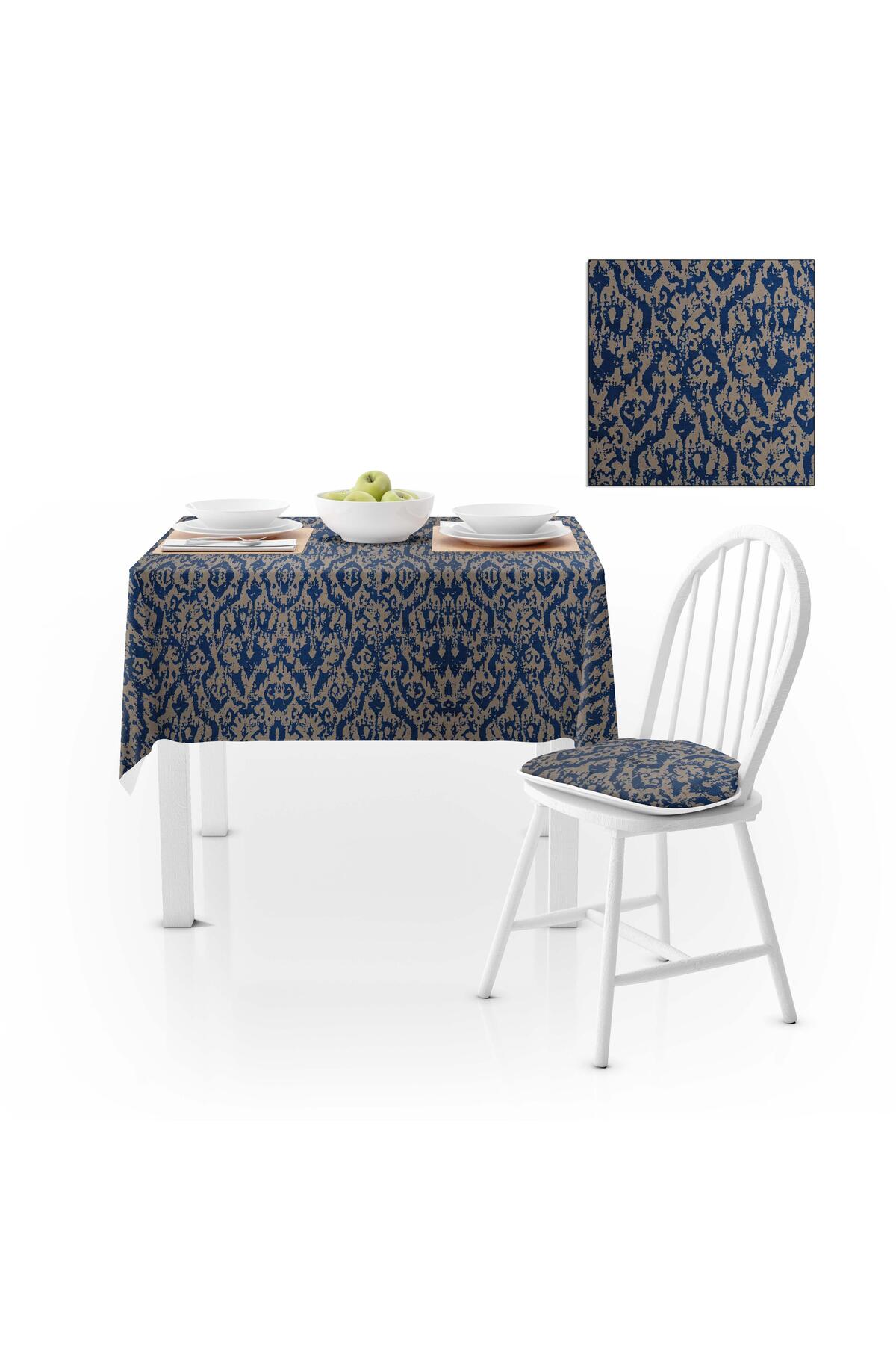 Damask Desenli Krem Lacivert Dijital Baskılı Süet Dokuma Masa Örtüsü 140x140