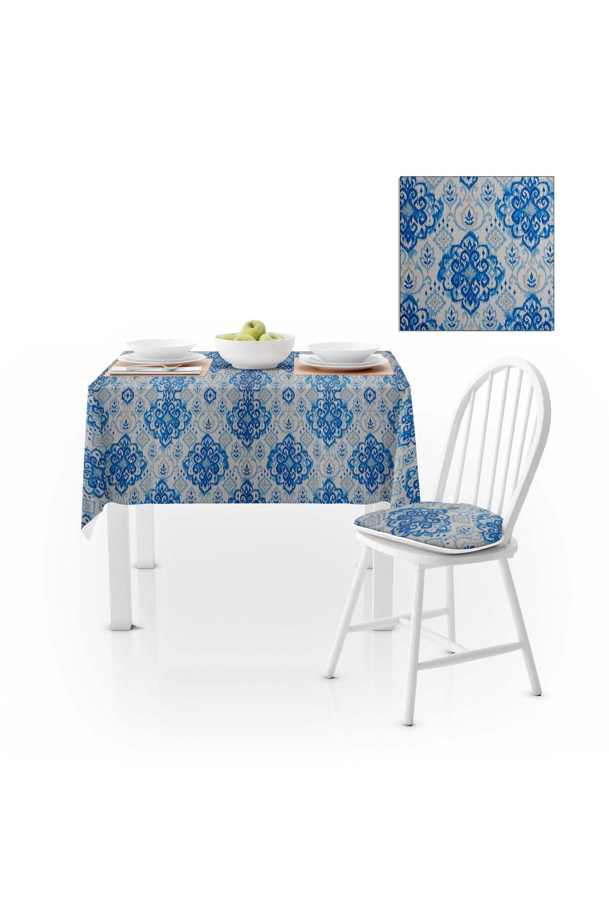 Damask Desenli Mavi Beyaz Dijital Baskılı Süet Dokuma Masa Örtüsü 140x220