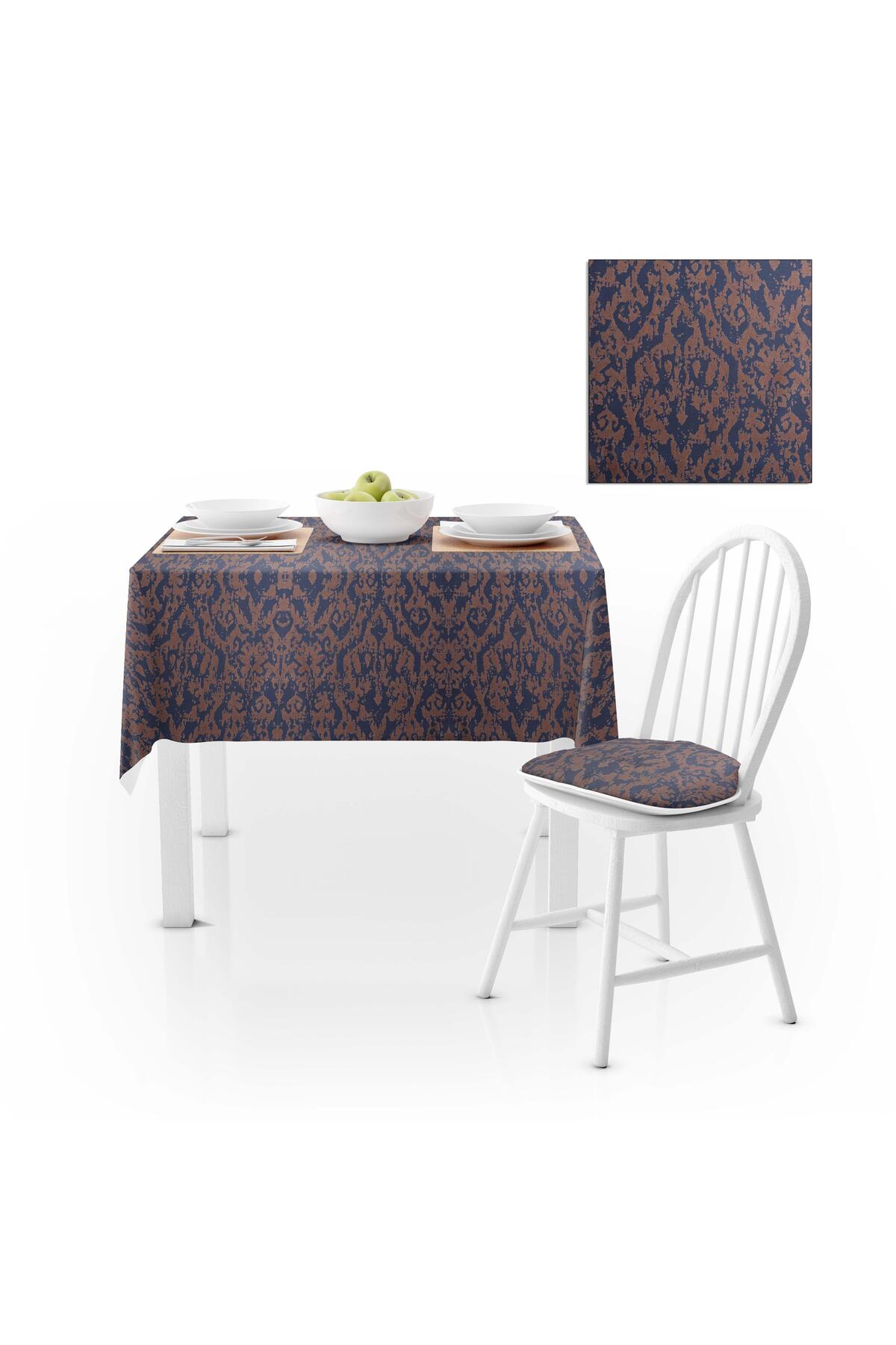 Damask Desenli Mavi Dijital Baskılı Süet Dokuma Masa Örtüsü 120x140