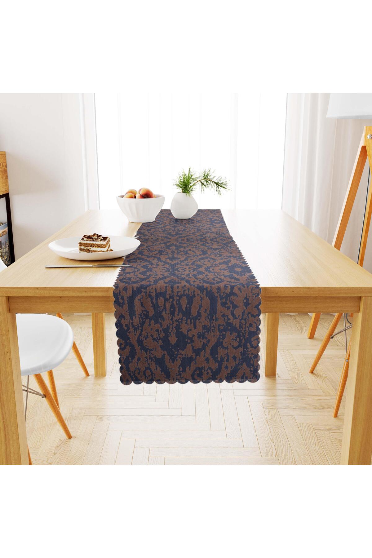 Damask Desenli Mavi Dijital Baskılı Süet Dokuma Runner 40x140