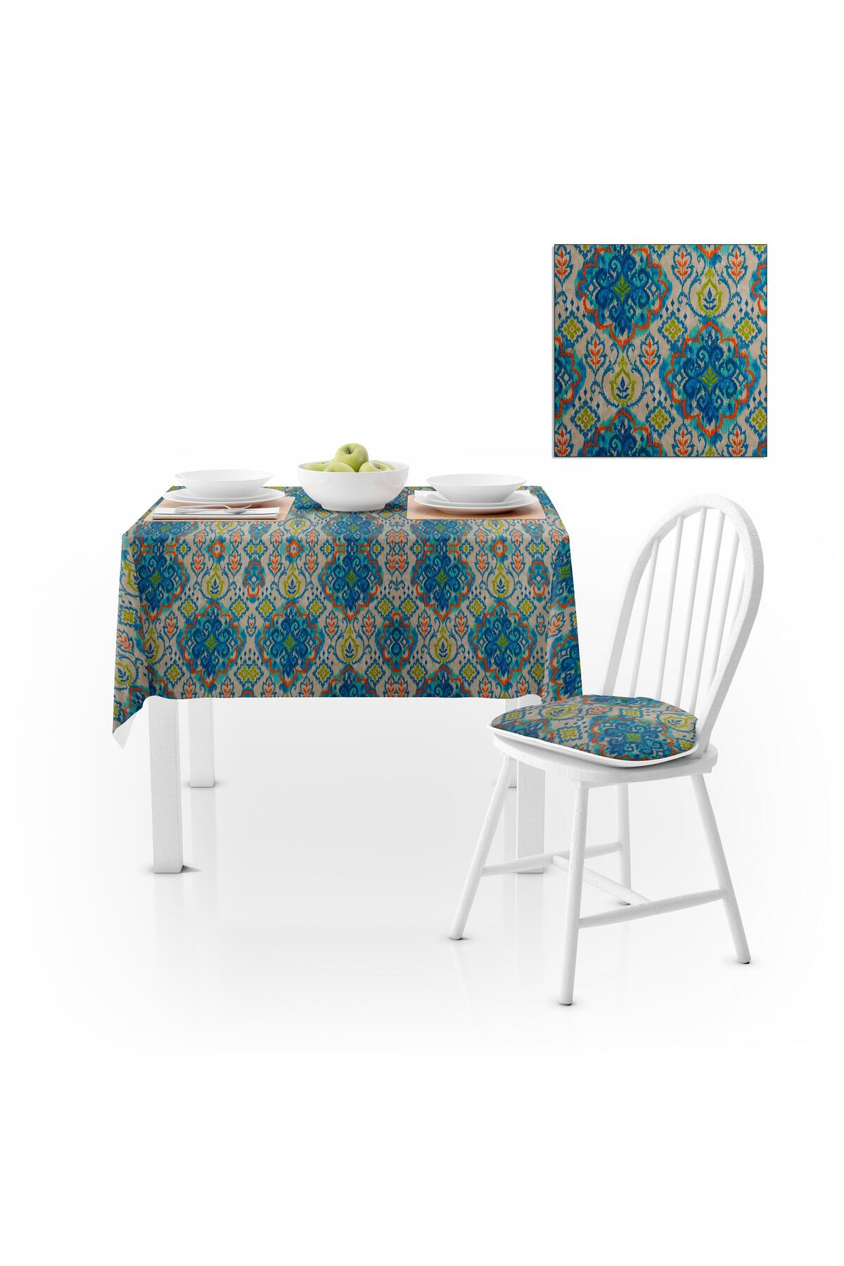 Damask Desenli Mavi Turkuaz Dijital Baskılı Süet Dokuma Masa Örtüsü 120x140