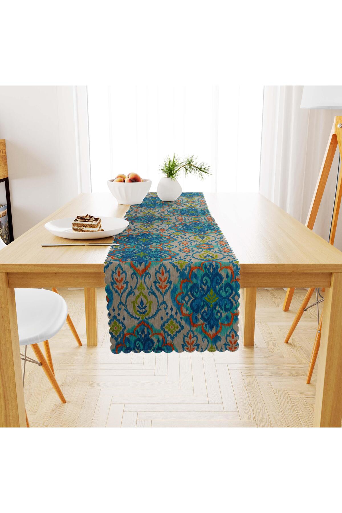 Damask Desenli Mavi Turkuaz Dijital Baskılı Süet Dokuma Runner 40x140