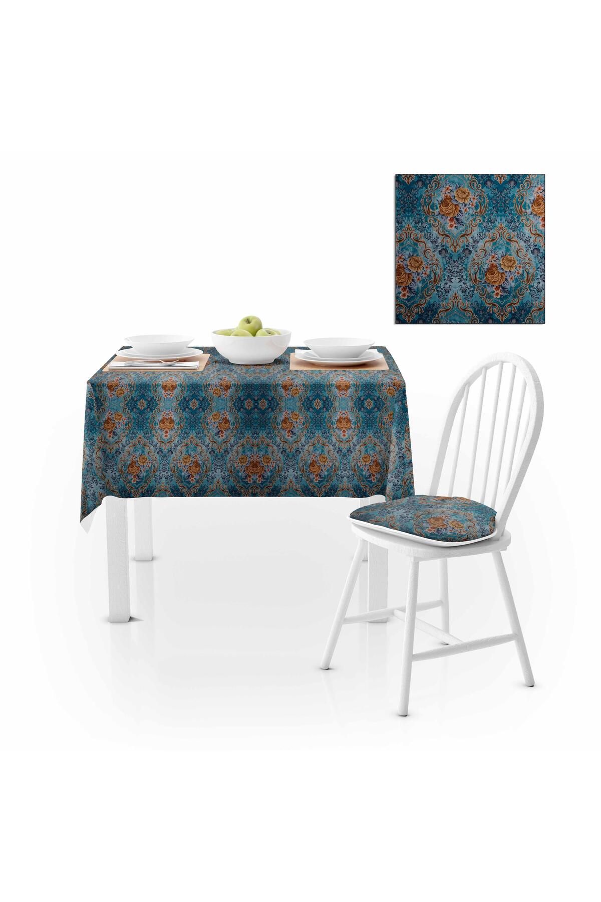 Damask Desenli Mavi Zemin Dijital Baskılı Süet Dokuma Masa Örtüsü 140x220