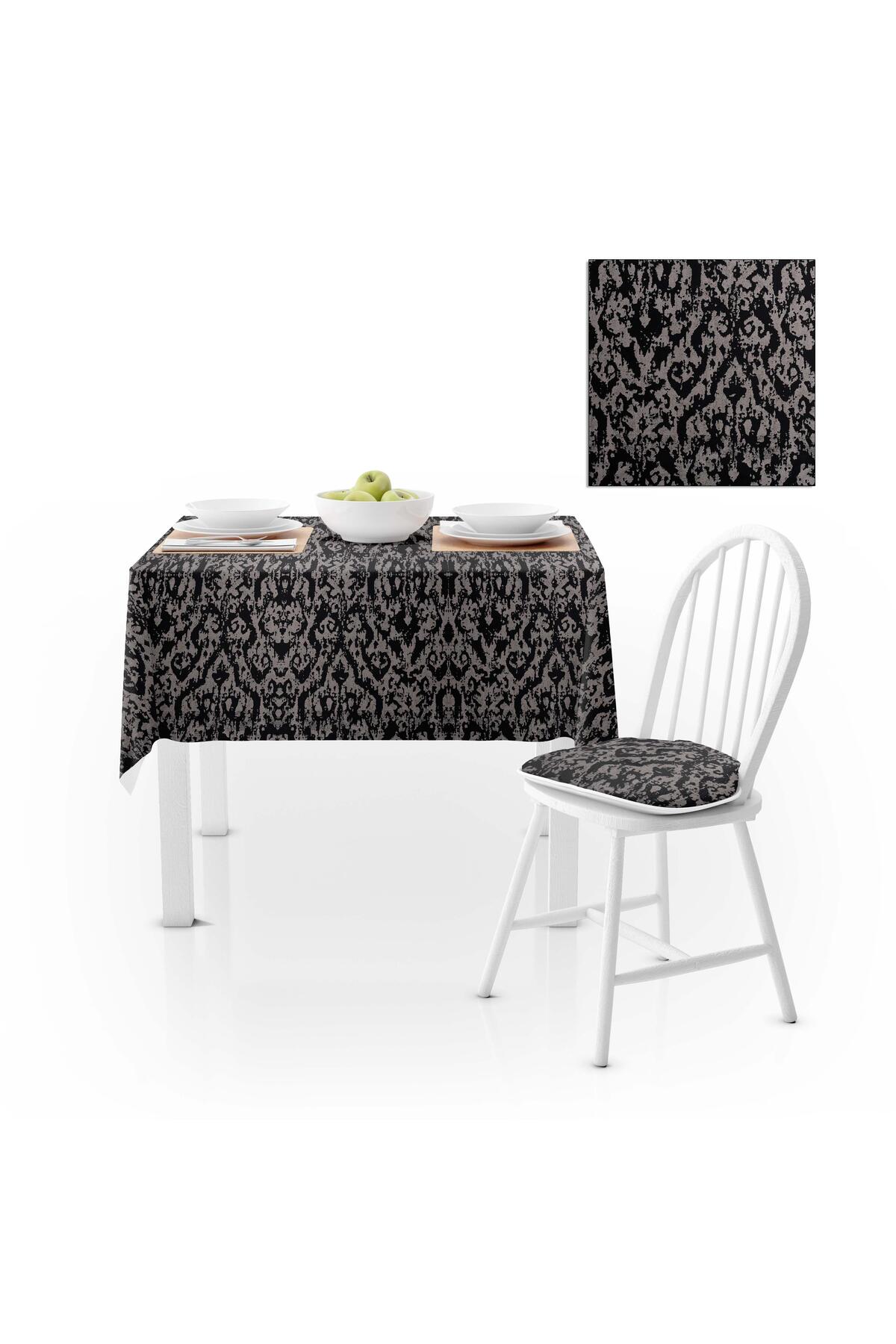 Damask Desenli Siyah Beyaz Dijital Baskılı Süet Dokuma Masa Örtüsü 140x260