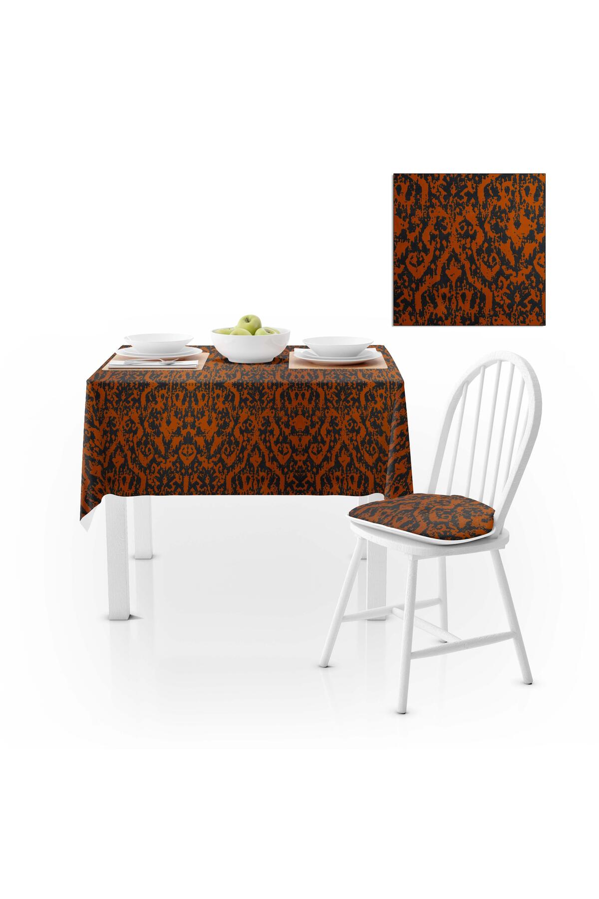 Damask Desenli Turuncu Dijital Baskılı Süet Dokuma Masa Örtüsü 140x220