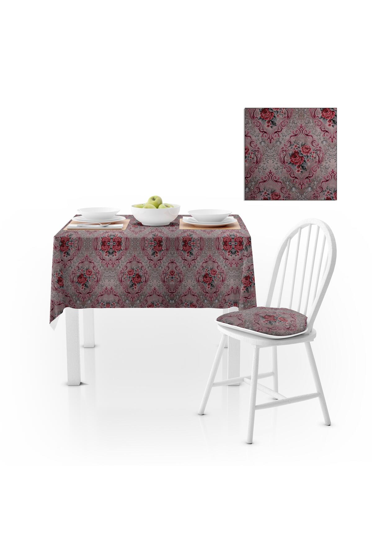 Damask Desenli Vizon Zemin Dijital Baskılı Süet Dokuma Masa Örtüsü 140x180