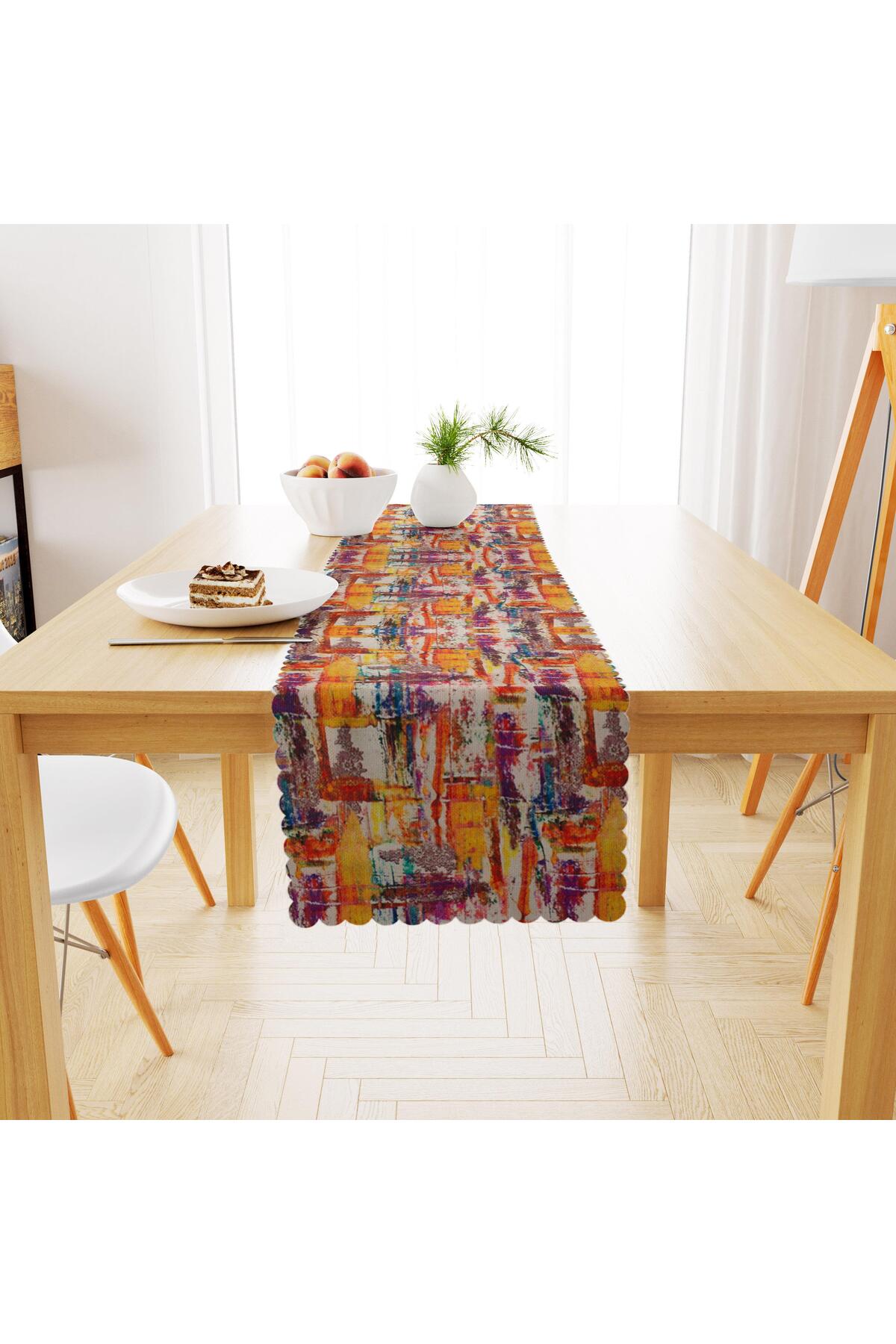 Fırça Desenli Sarı Kiremit Dijital Baskılı Petek Dokuma Runner 40x140