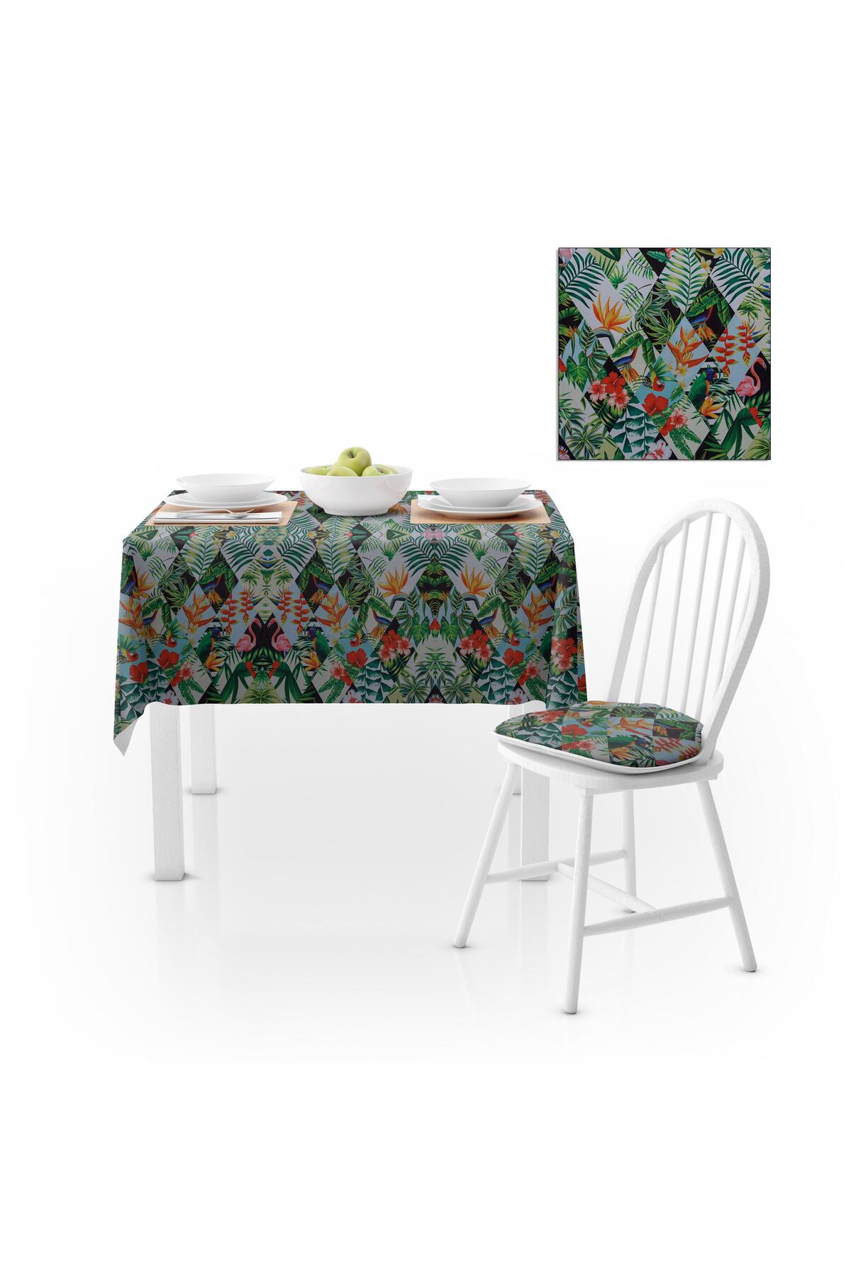 Flamingo Papağan Desenli Baklava Dilimli Yeşil Dijital Baskılı Petek Dokuma Masa Örtüsü 140x260
