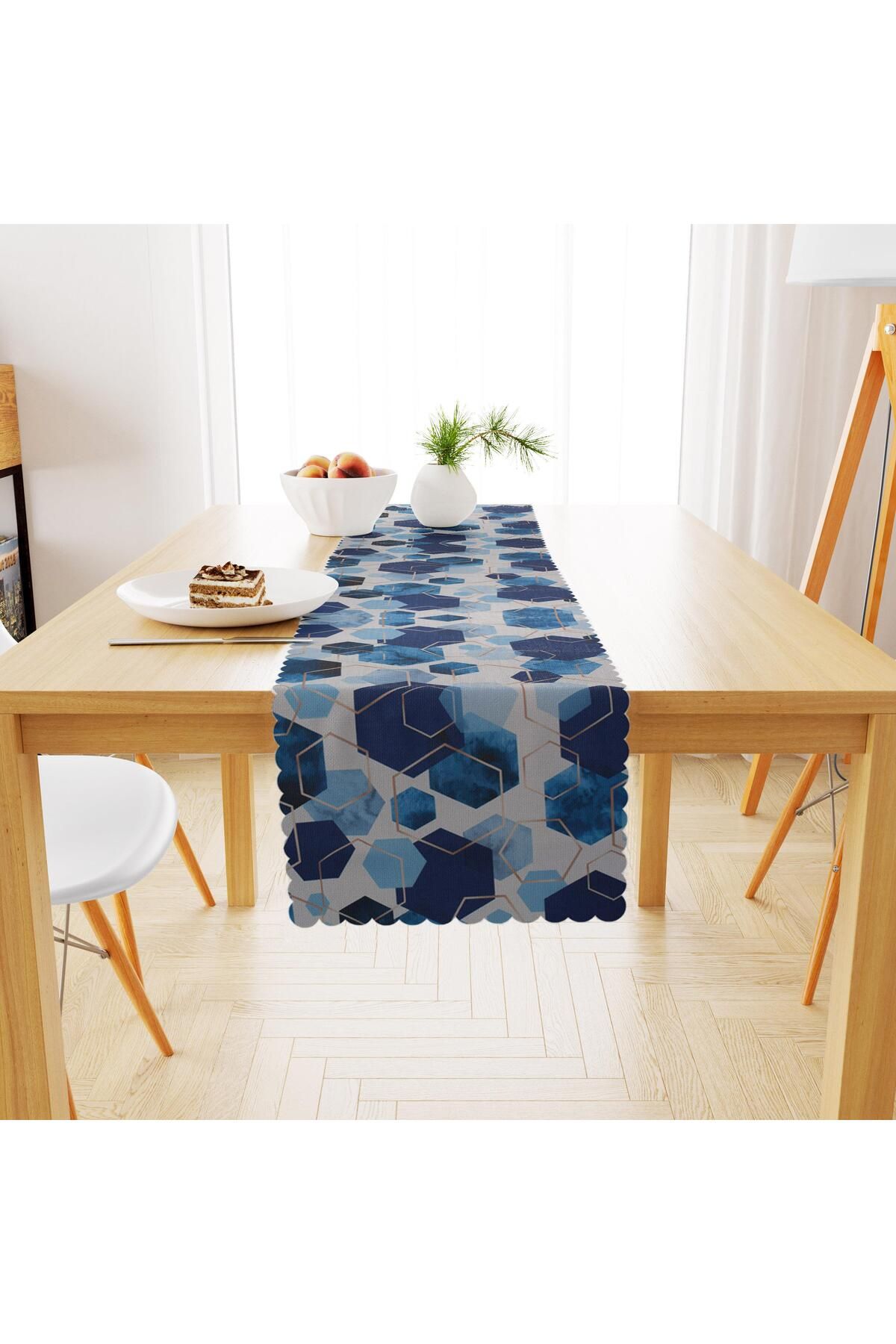 Geometrik Desenli Altıgen Beyaz Zemin Lacivert Mavi Dijital Baskılı Petek Dokuma Runner 40x140
