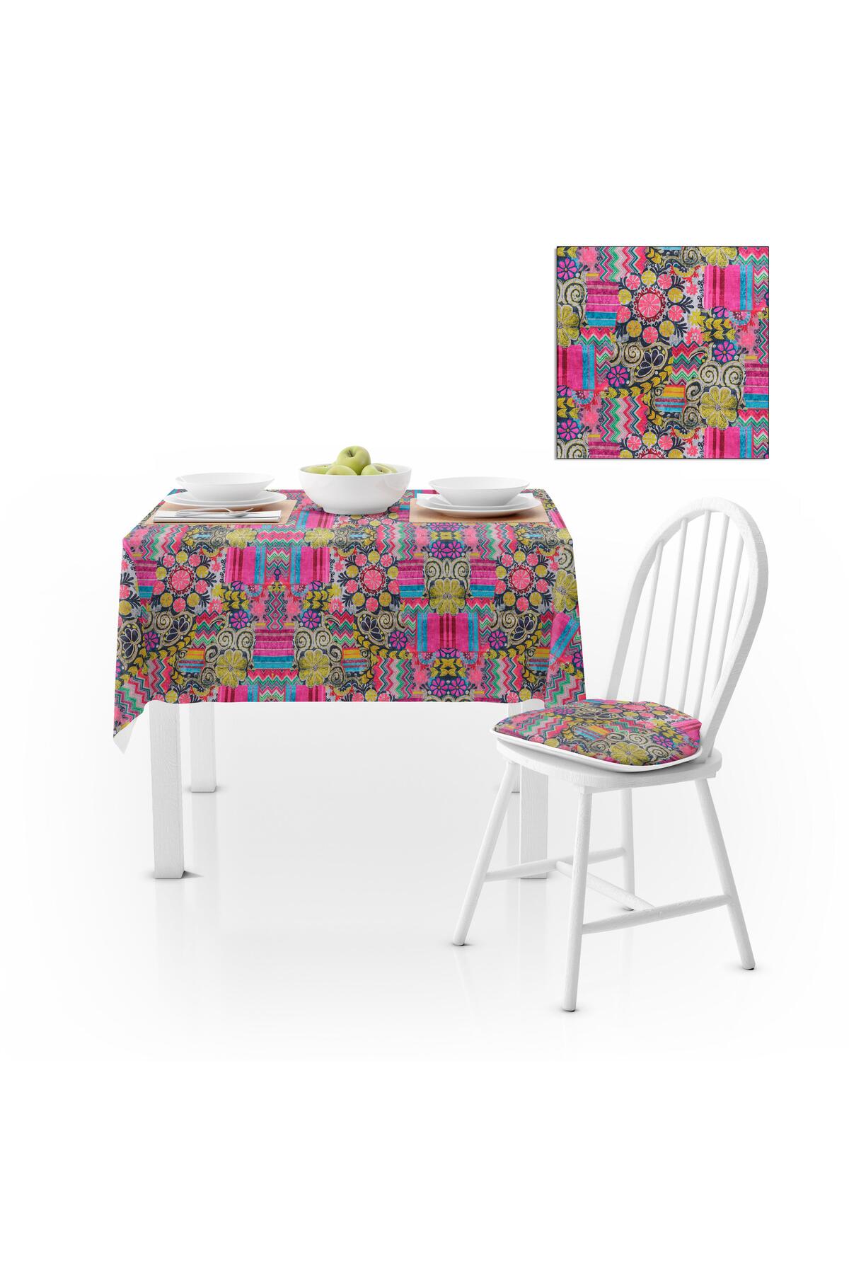 Geometrik Desenli Fuşya Sarı Kadife Dokulu 180X180 Masa Örtüsü