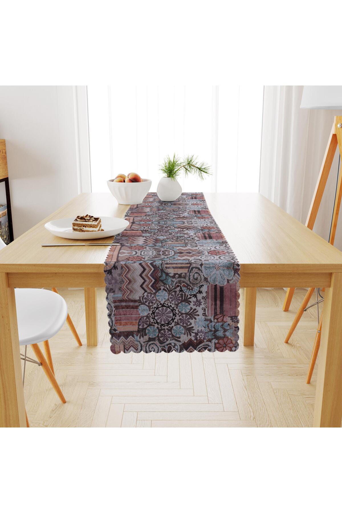 Geometrik Desenli Kahve Çikolata Kadife Dokulu Runner 40x180
