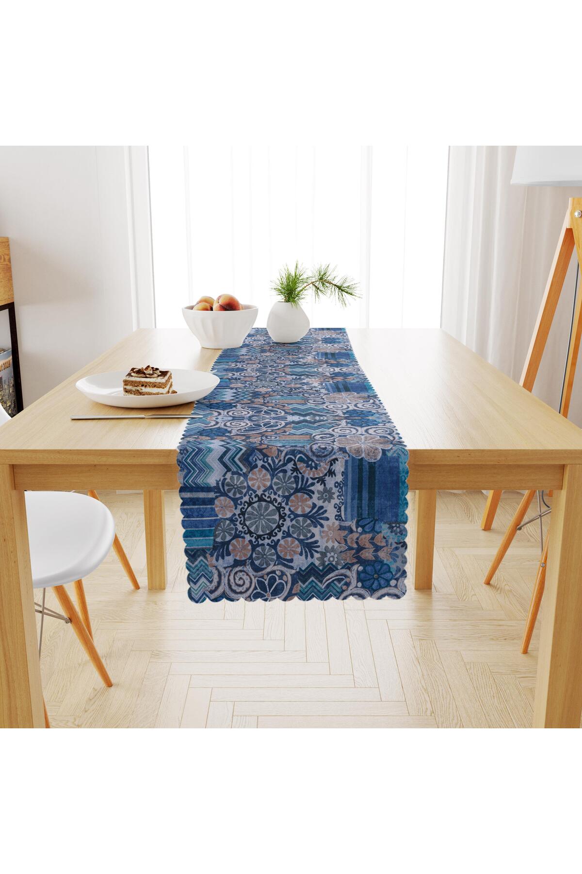 Geometrik Desenli Mavi Lacivert Kadife Dokulu Runner 40x180